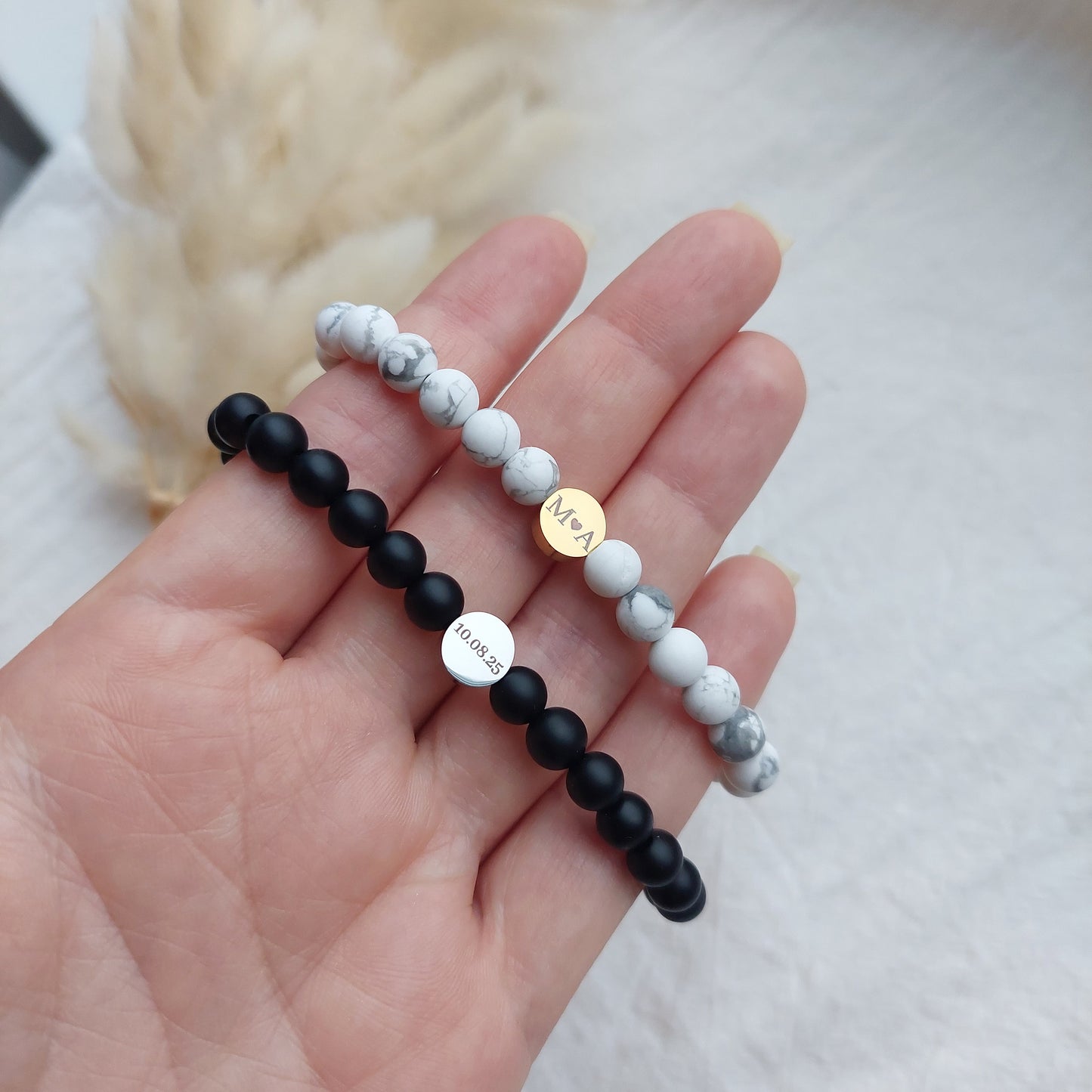 black and white couples bracelets set with personalized engraving