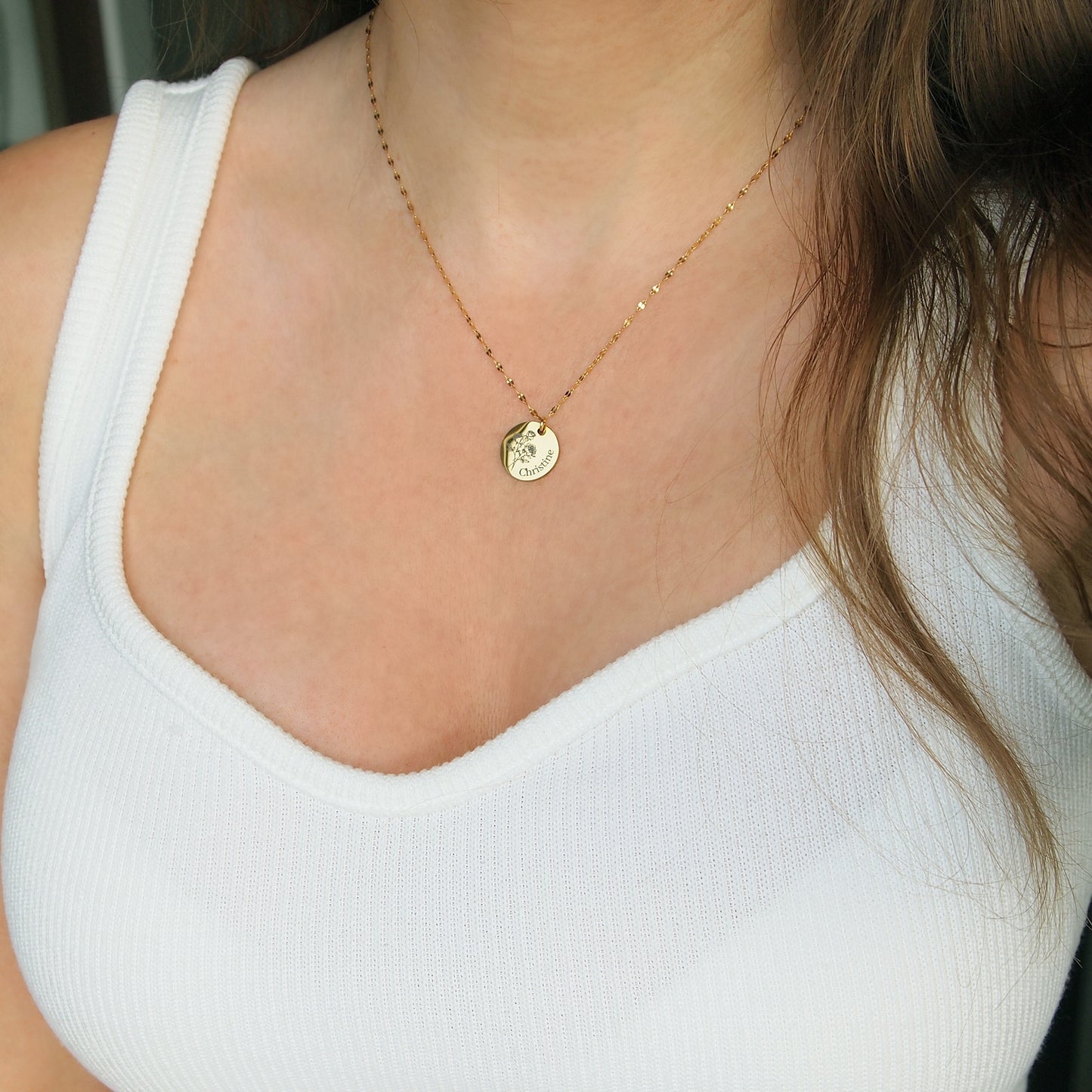 dainty birth flower necklace, engraved with name or initial