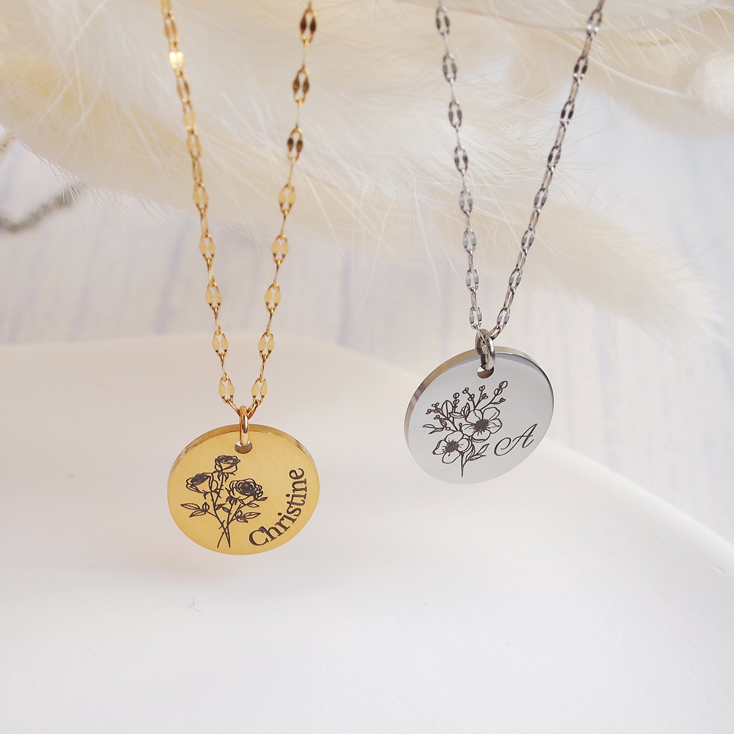 custom name or initial necklace with birth month flower