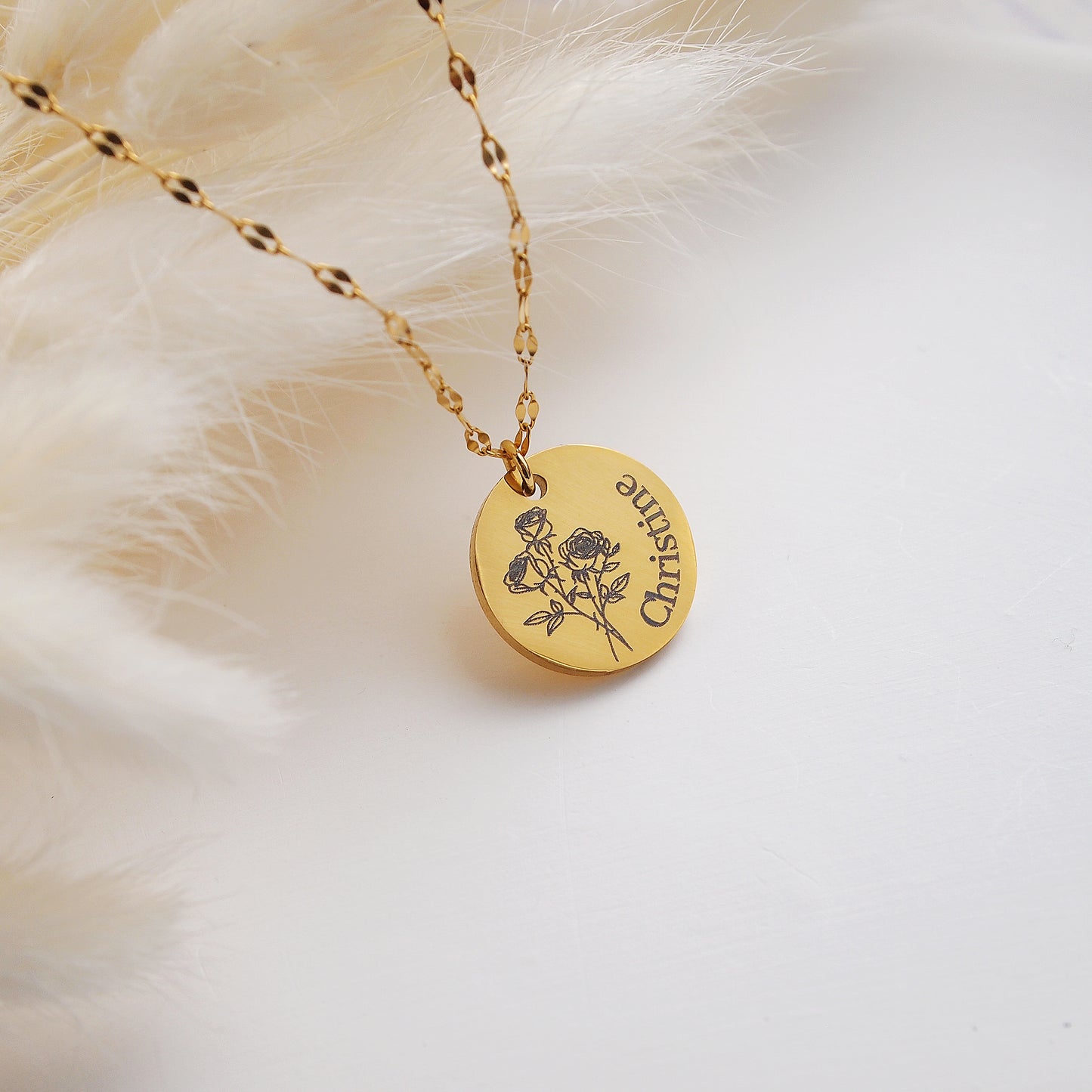 personalized birth flower necklace, name engraved necklace