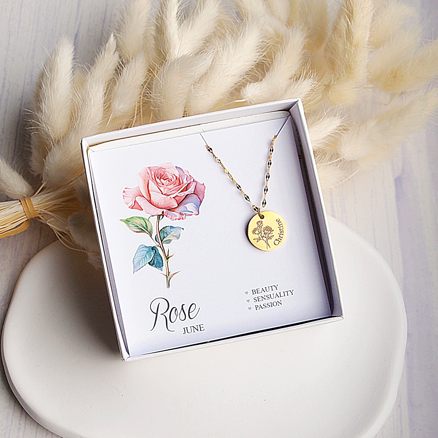 personalized gift for woman, name and flower engraved necklace