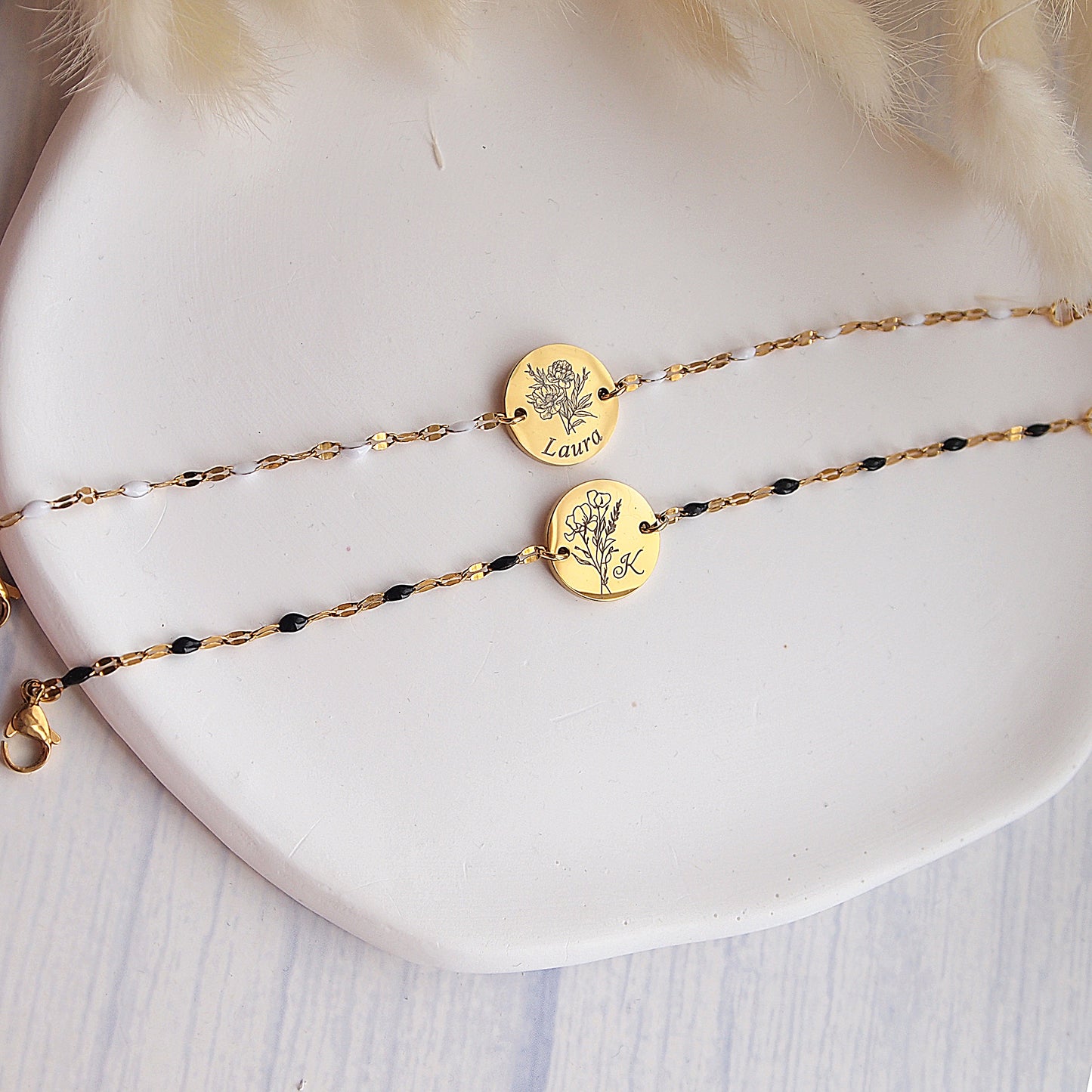 engraved birth flower bracelet, personalized with name or initial