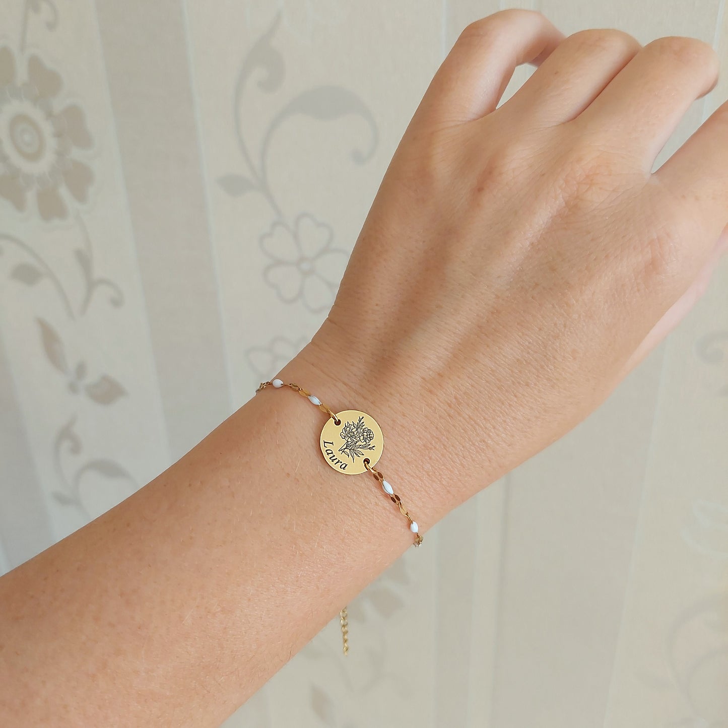 stainless steel floral bracelet, custom name or initial
