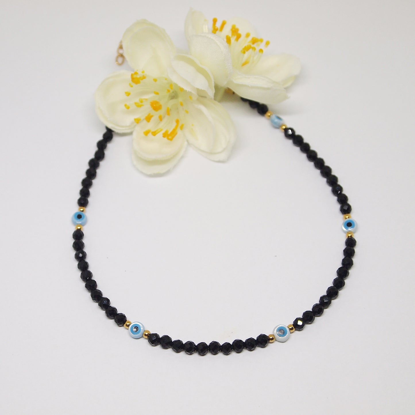 black tourmaline and evil eye ankle bracelet, gemstone jewelry