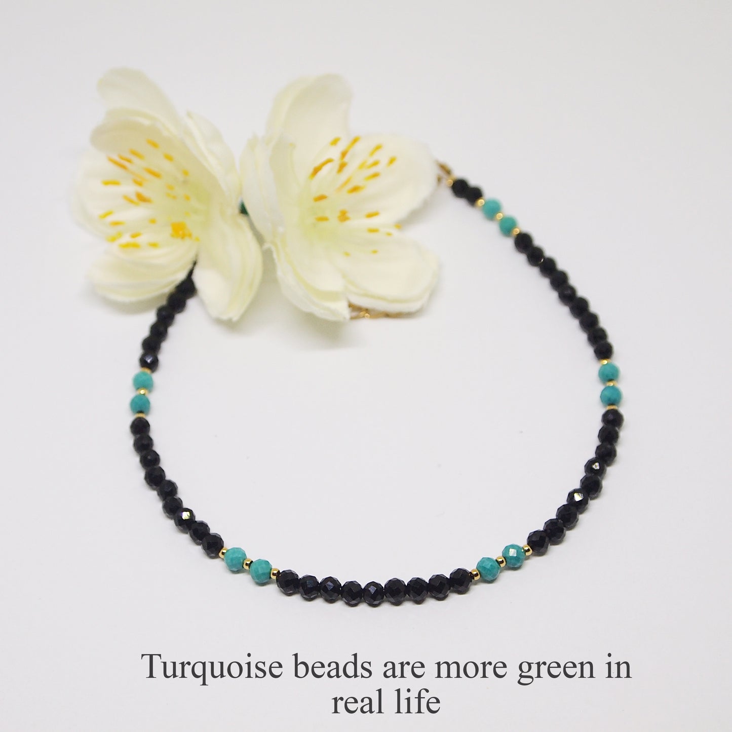 woman black tourmaline and turquoise anklet, gemstone jewelry