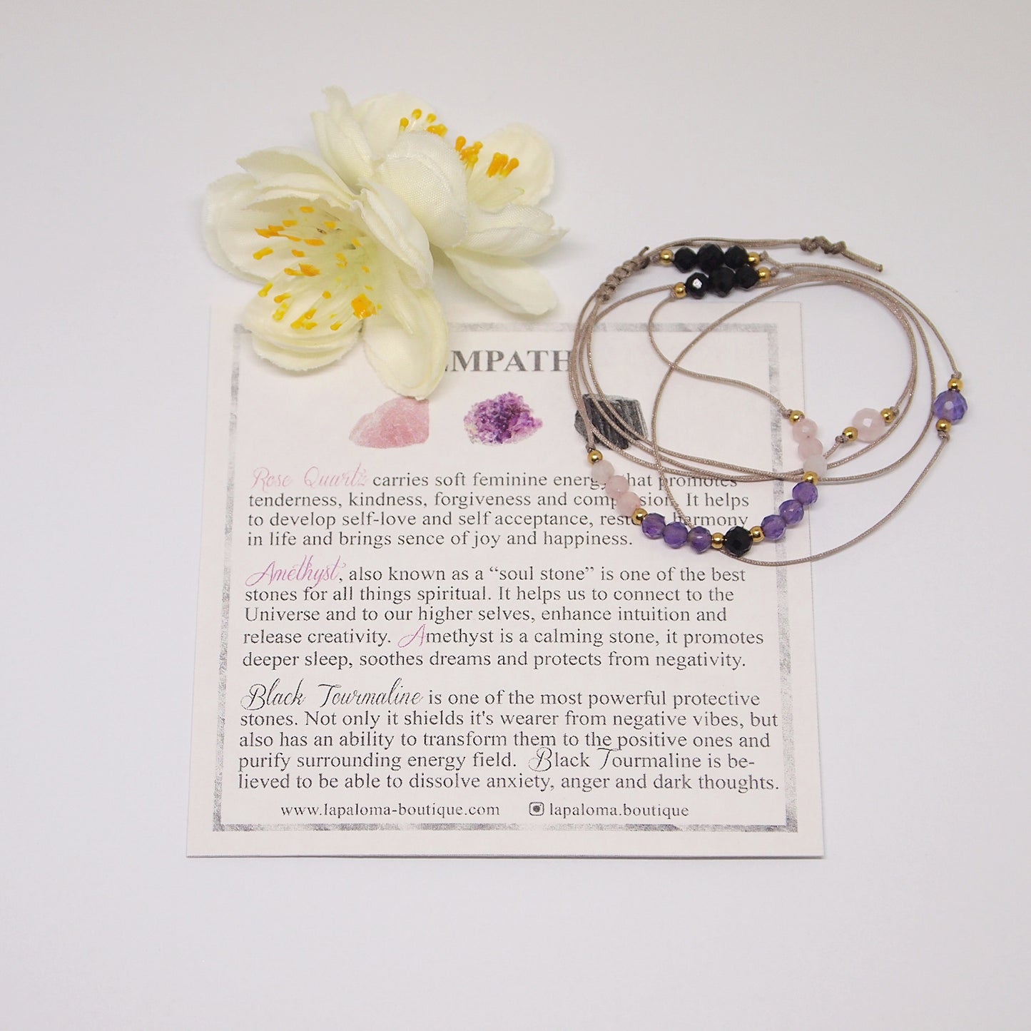 natural gemstone jewelry, rose quartz, amethyst, black tourmaline, empath protection necklace