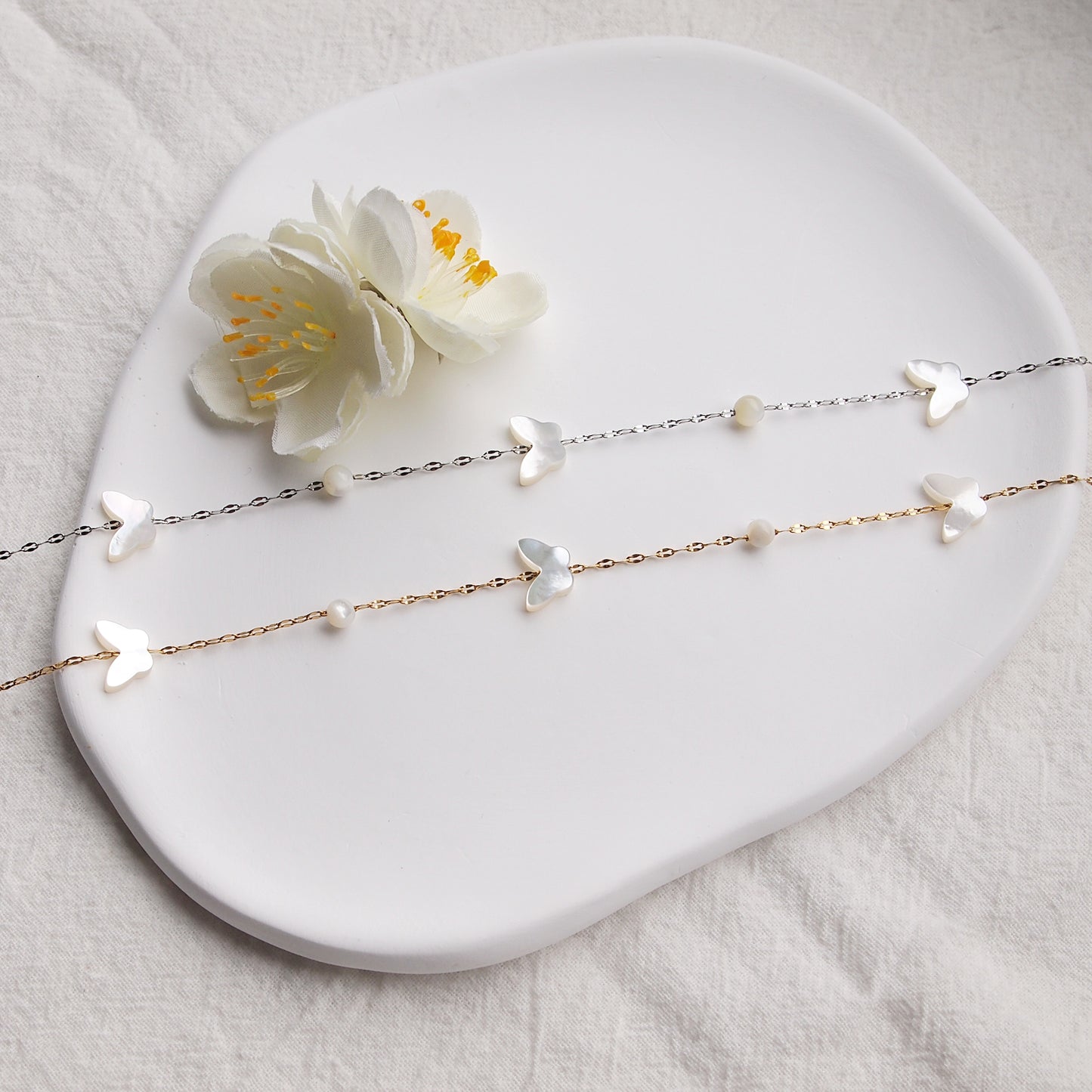 white pearl butterfly choker necklace
