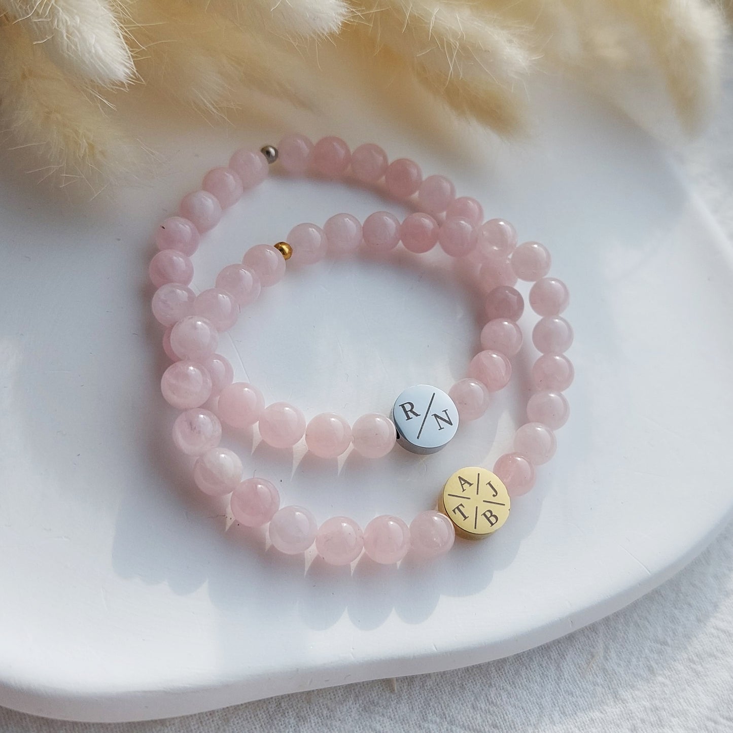personalized rose quartz bracelet, custom engraved with initials