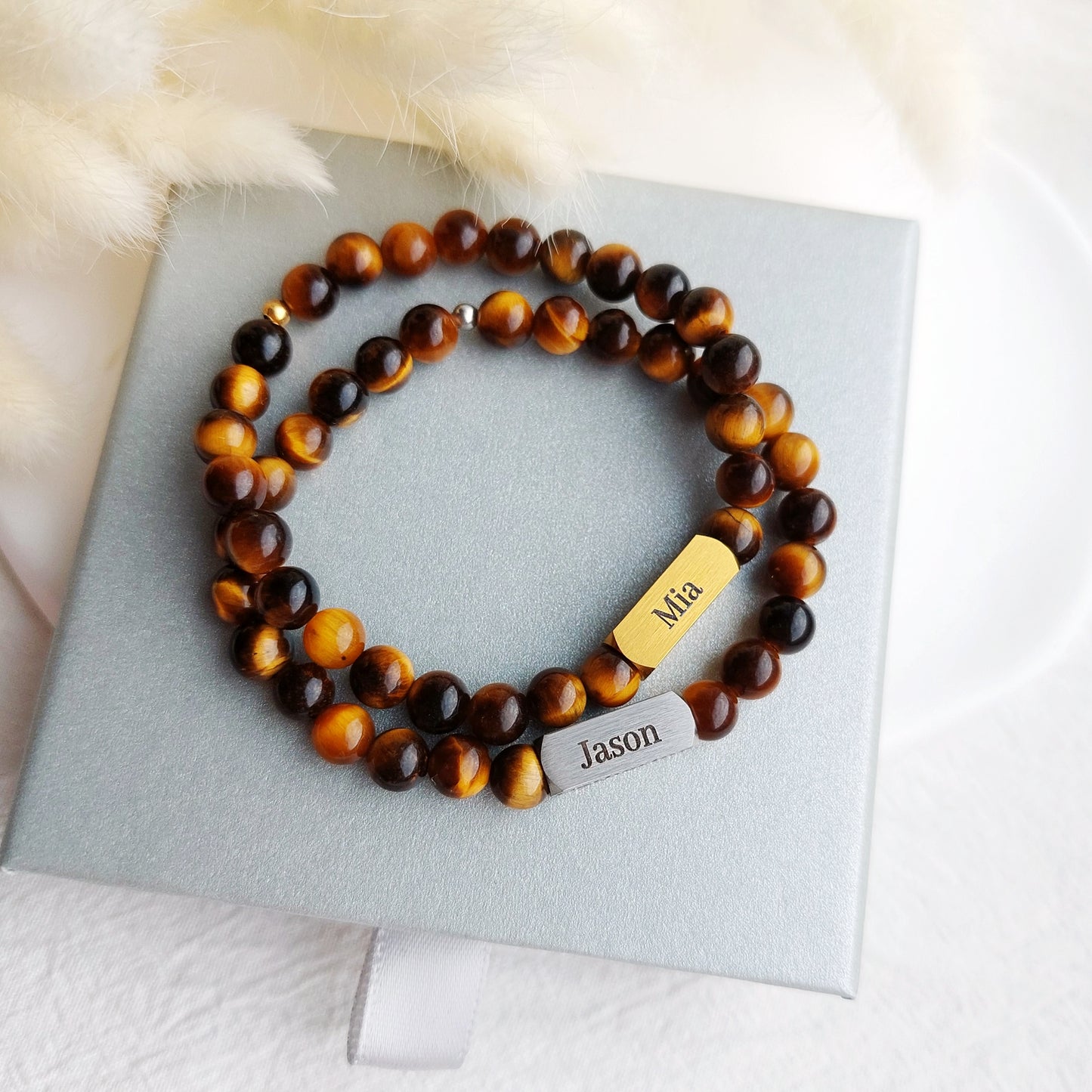 tigers eye mens bracelet with engraved family names