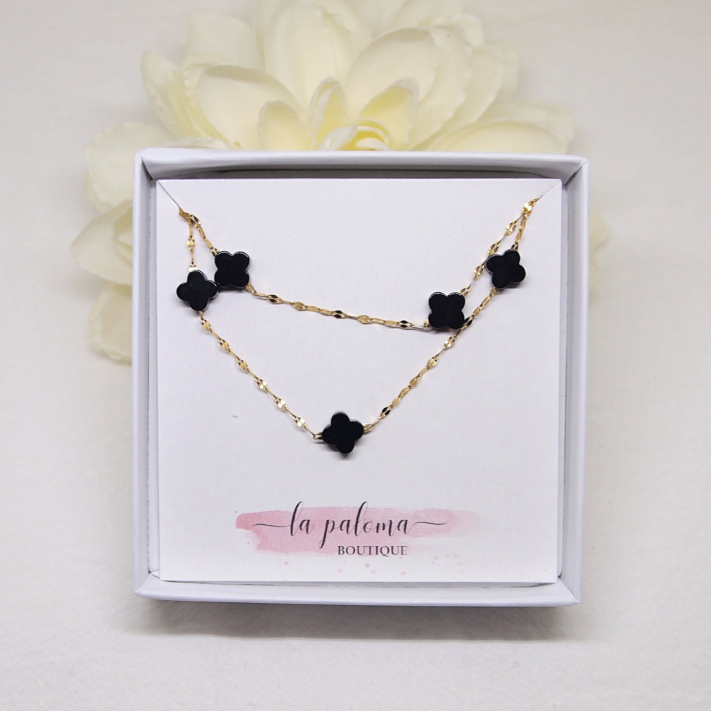 Black four leaf clover necklace