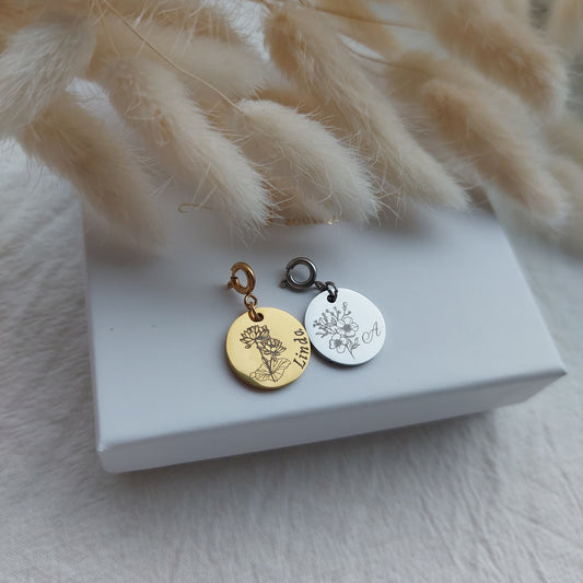 stainless steel custom engraved birth flower charm, personalized with name or initial