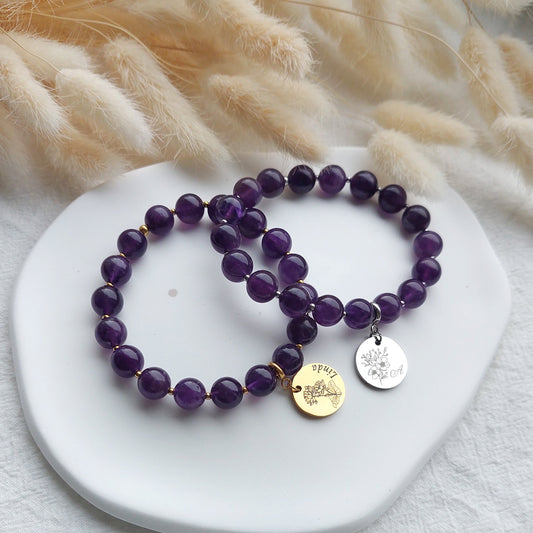 natural deep purple amethyst bracelet with custom engraved birth flower and personalized with name or initial