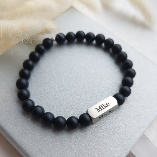 black agate mens bracelet, custom engraved with names