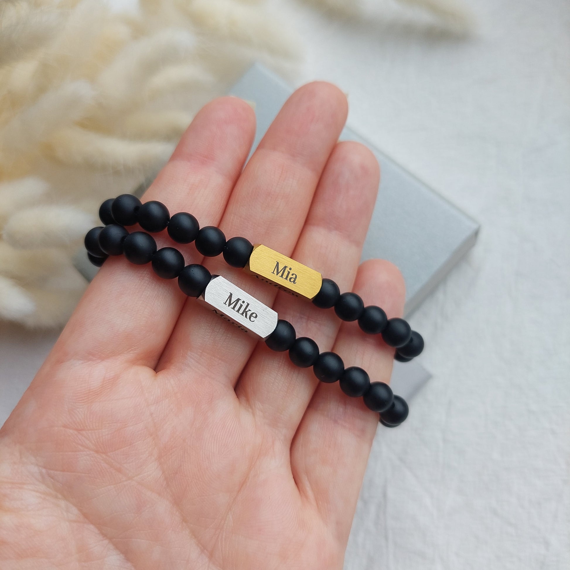 black agate names bracelet for men, custom fathers day gift