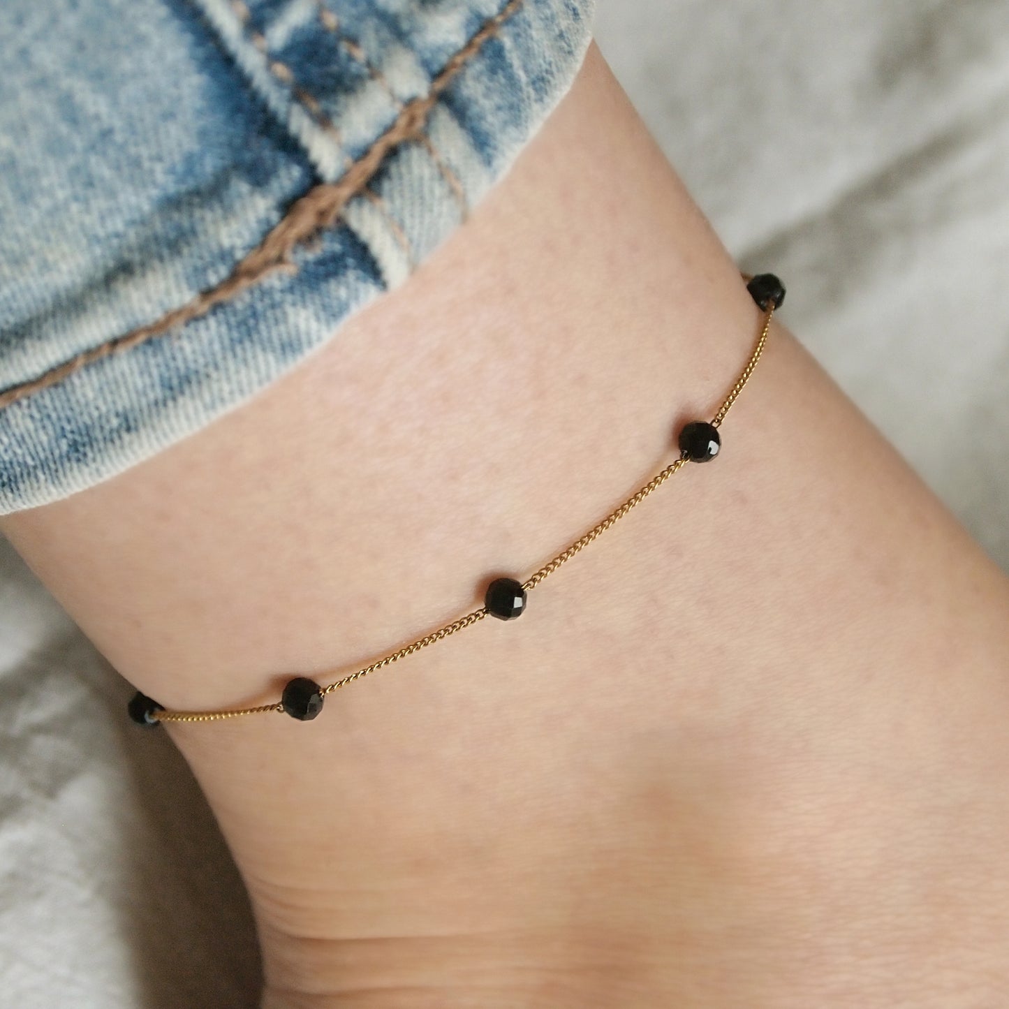 dainty black tourmaline ankle bracelet