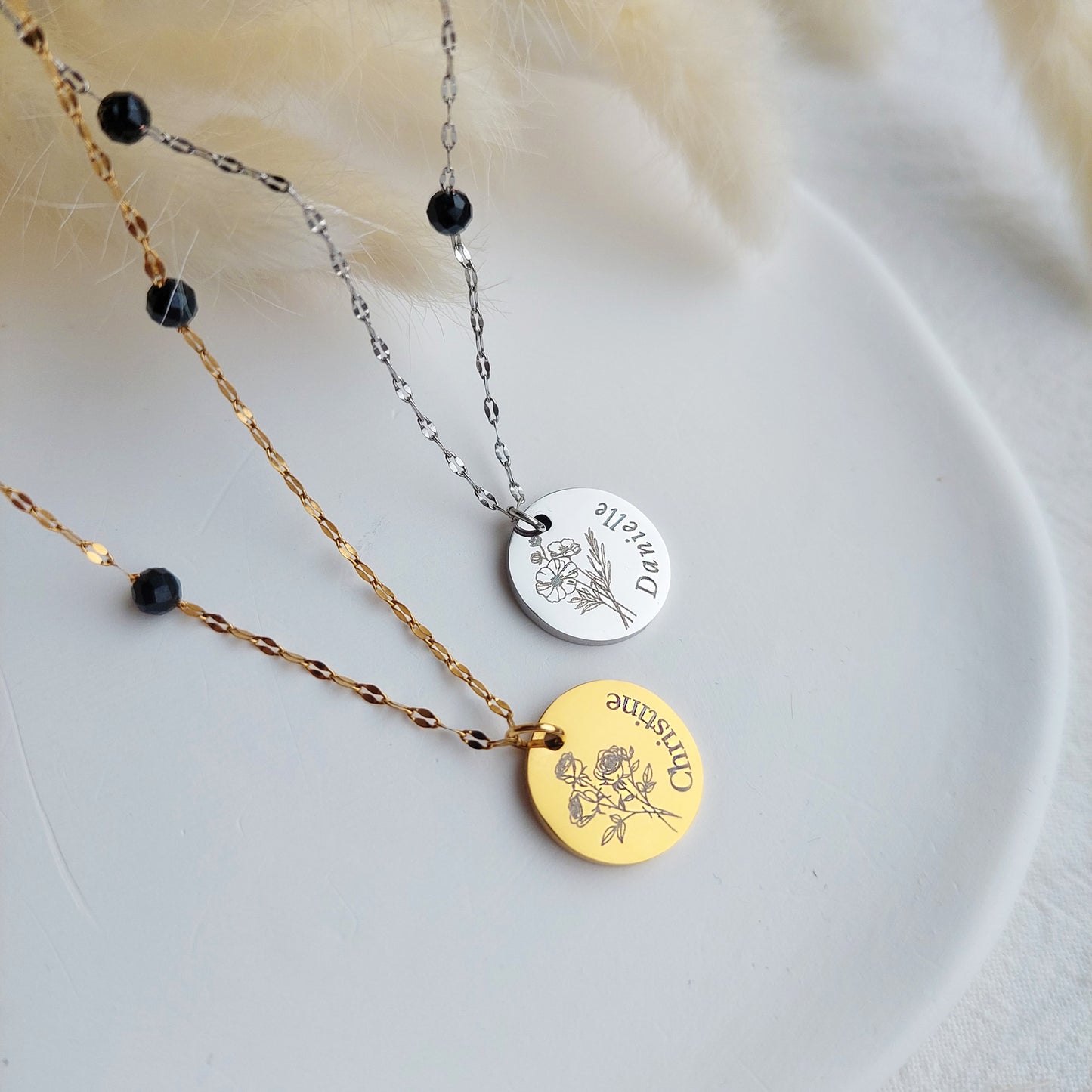 birth flower necklace with initial or name