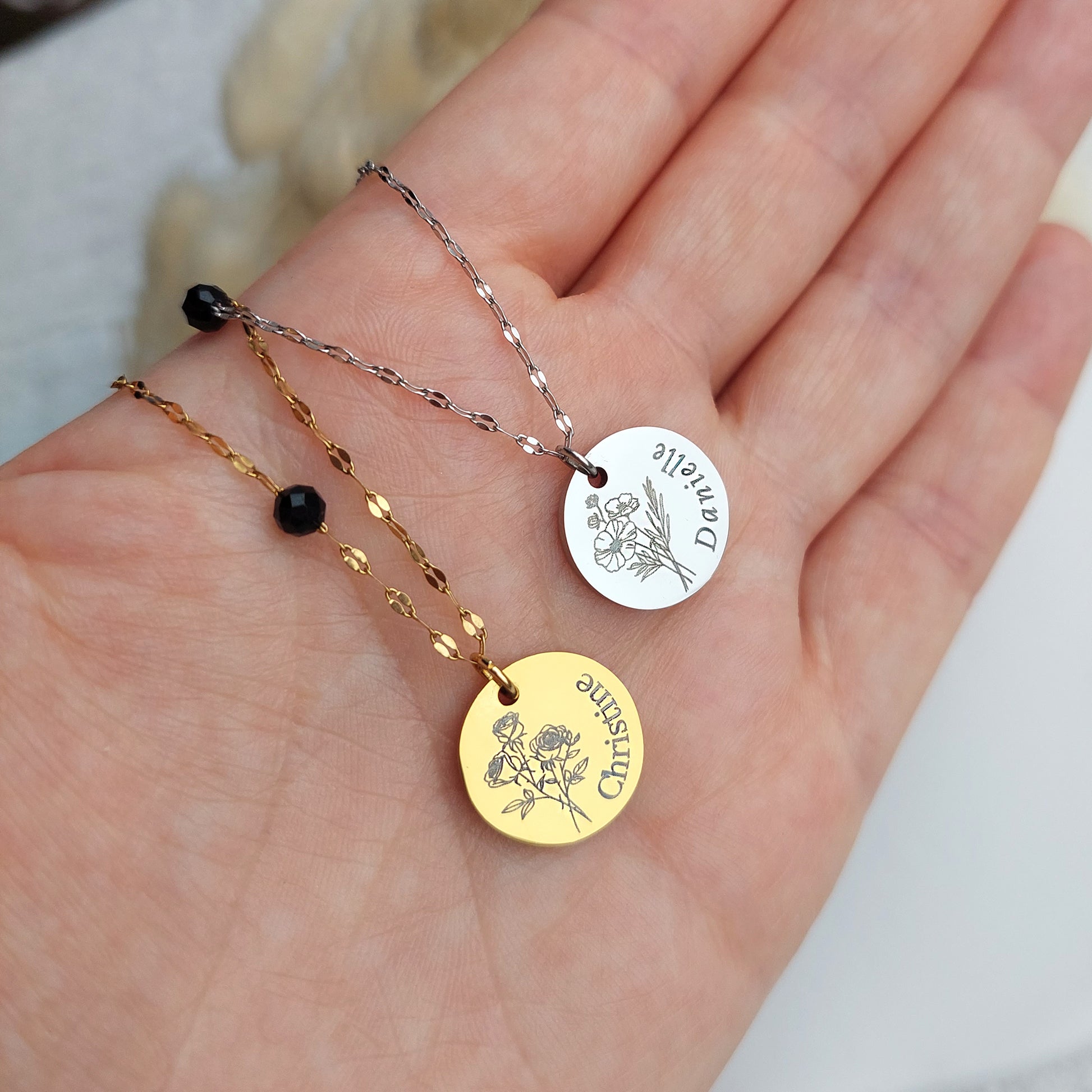 custom engraved birth flower neclklace, personalized with name