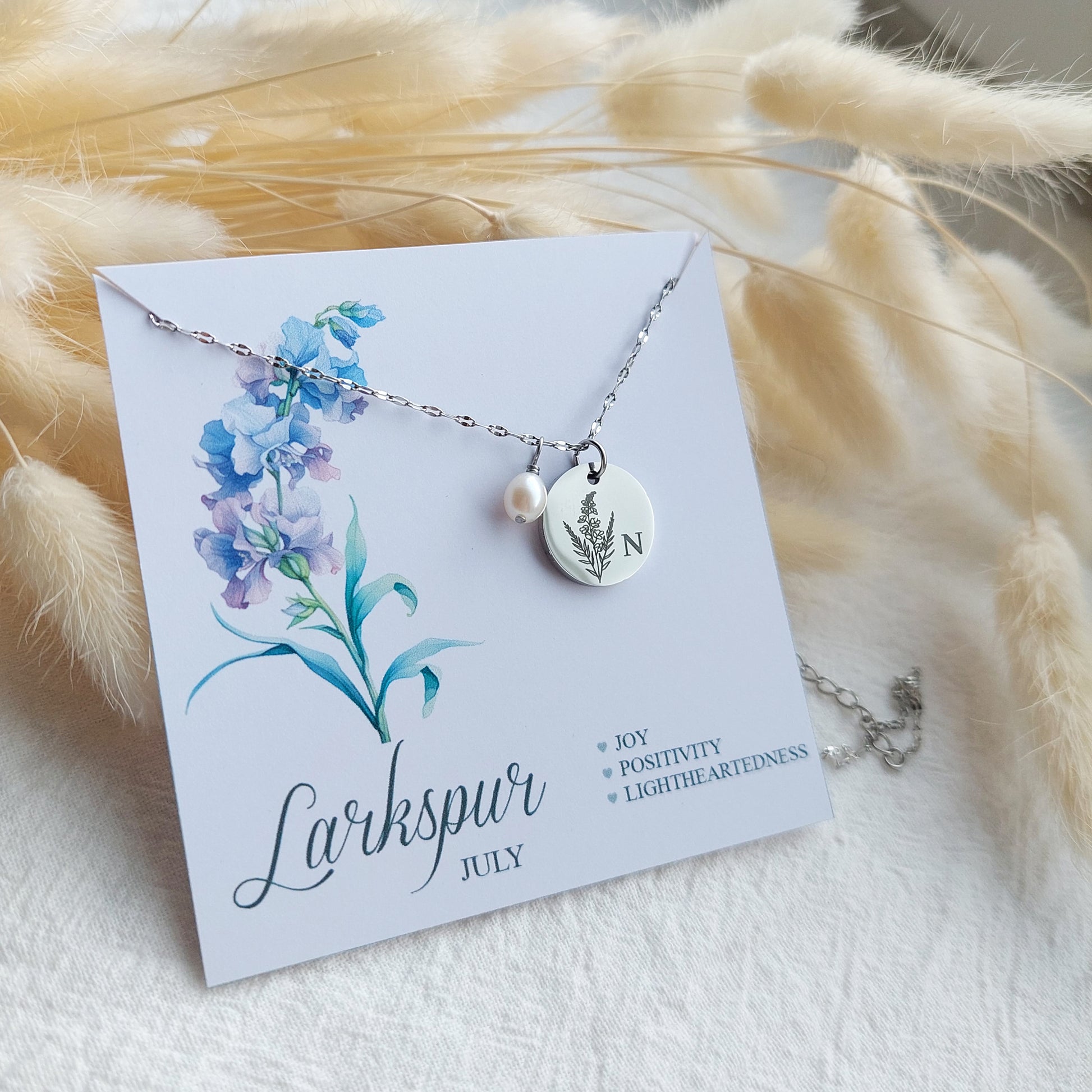 stainless steel necklace for woman, engraved with custom birth flower and name or initial