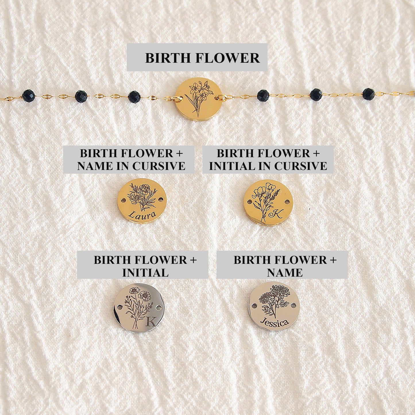 Custom Black tourmaline birth flower bracelet