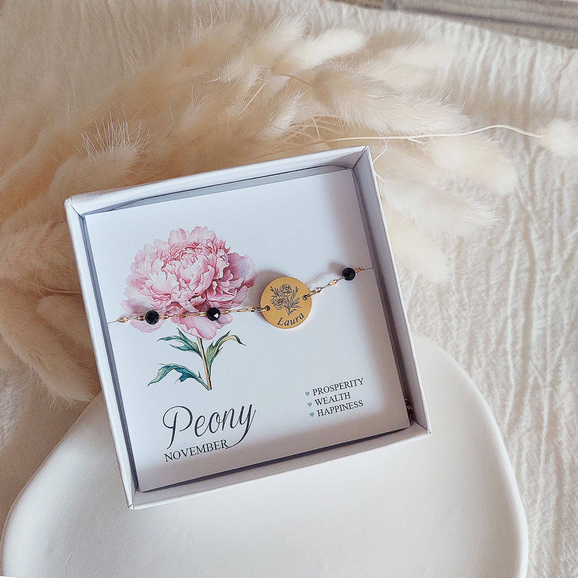 custom birth flower bracelet with name or initial, engaved jewelry