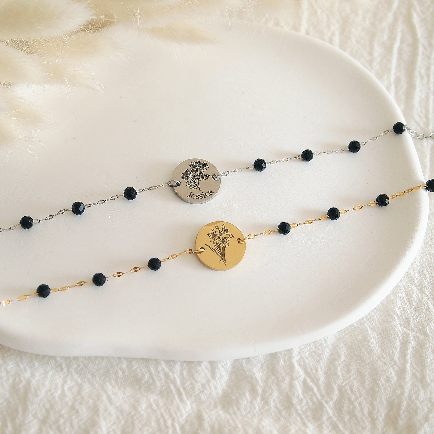 black tourmaline birth flower necklace, engraved with name or initial