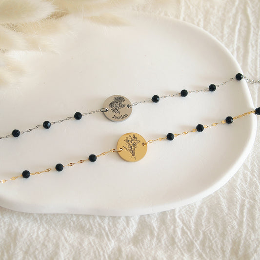 black tourmaline birth flower necklace, engraved with name or initial