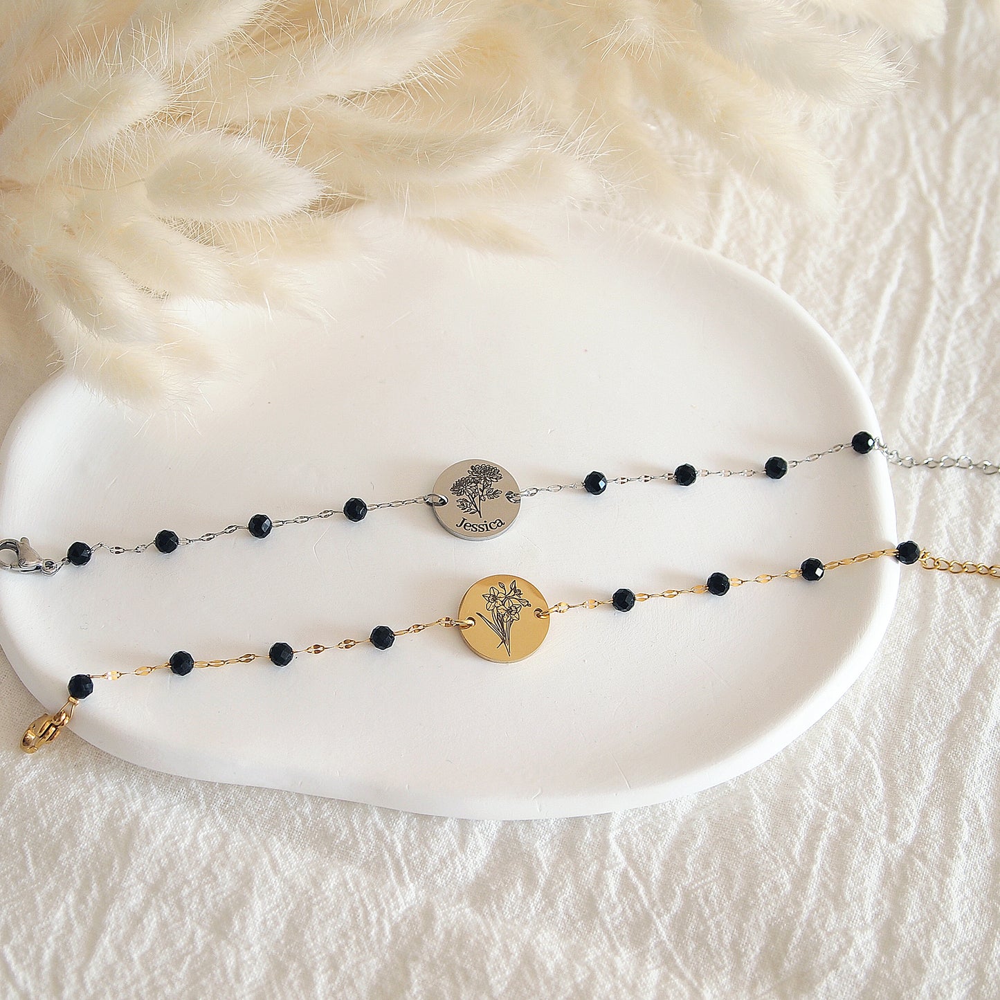 black tourmaline birth flower bracelet, custon engraving