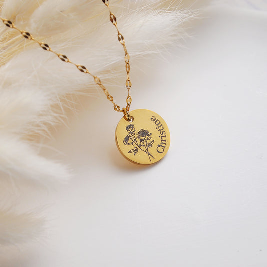 personalized birth flower necklace, name engraved necklace