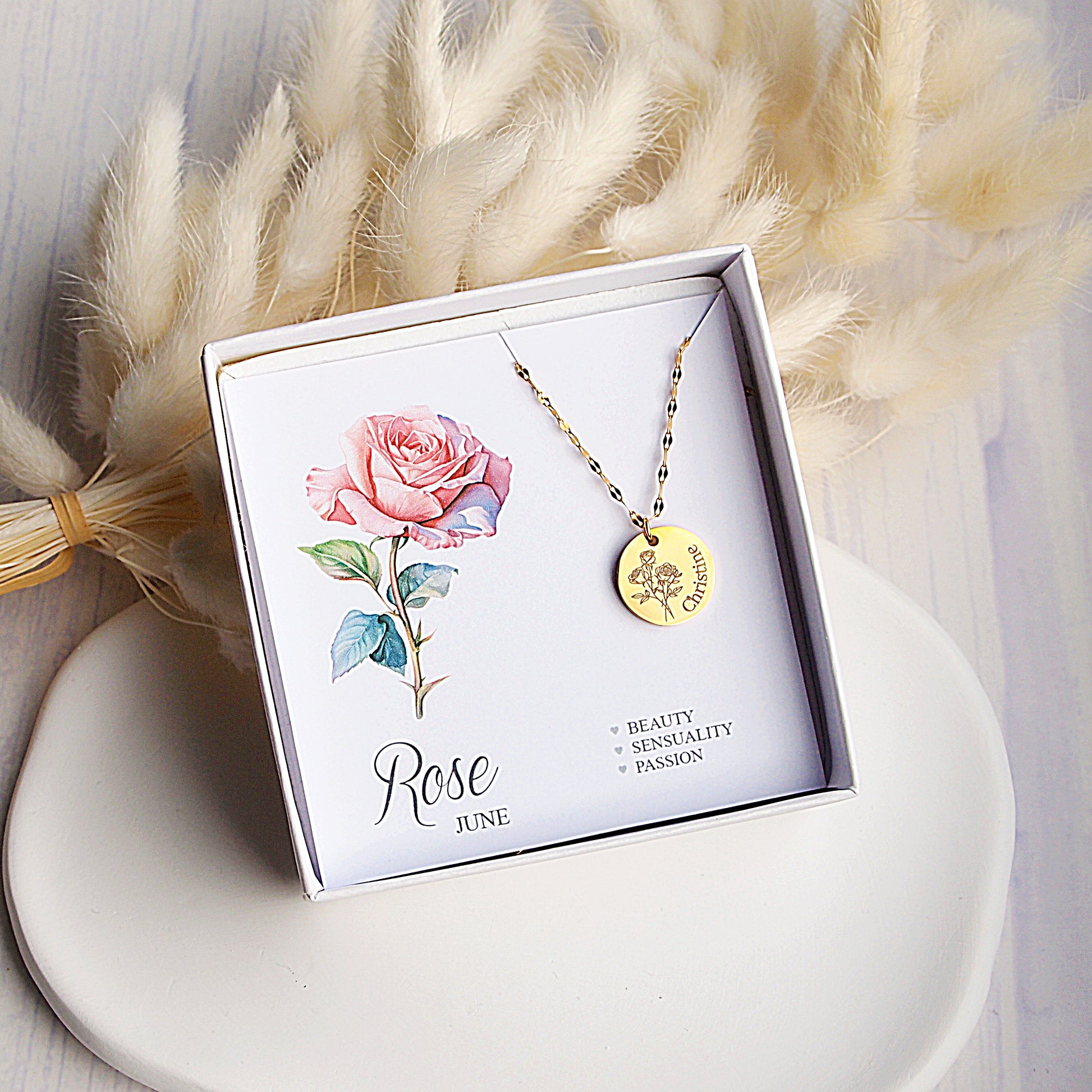 personalized gift for woman, name and flower engraved necklace