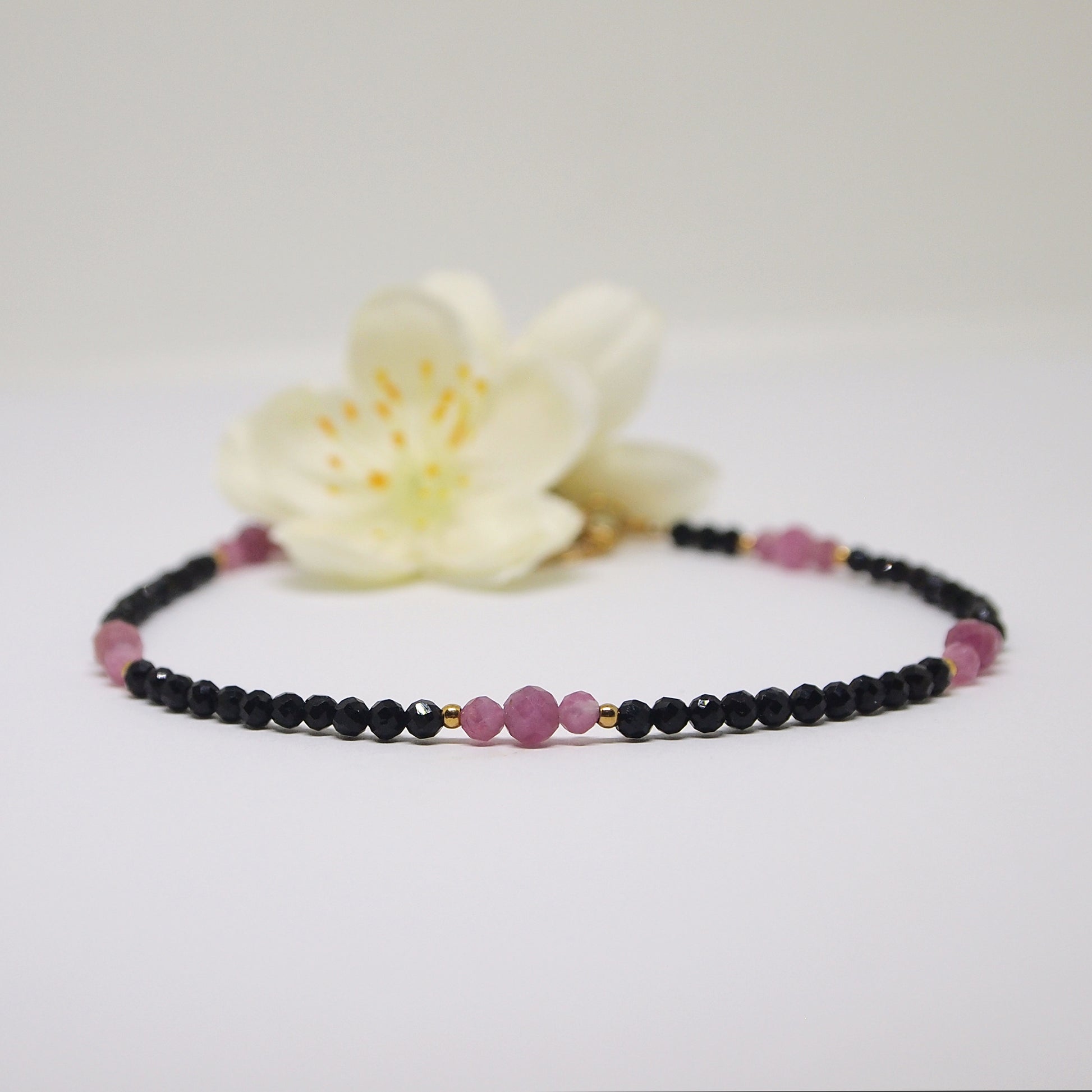 natural gemstone ankle bracelet, black tourmaline and pink tourmaline