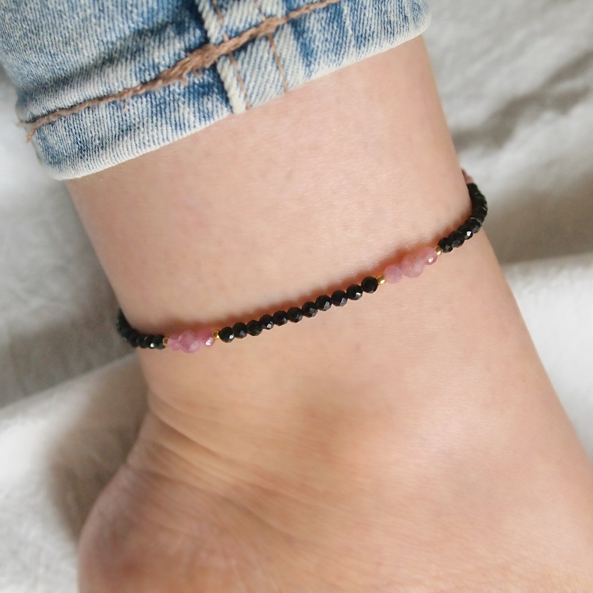 black and pink tourmaline anklet