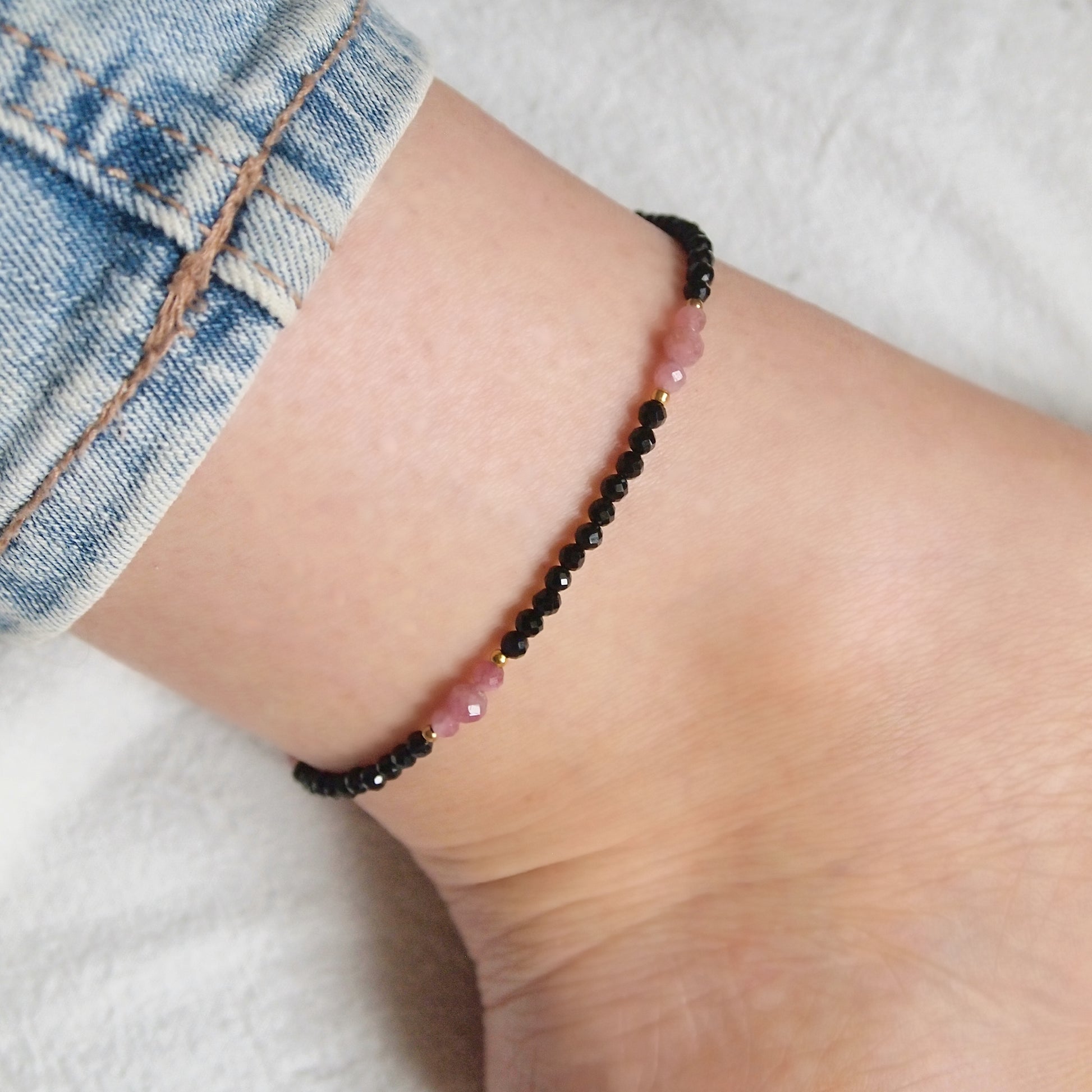 beaded black tourmaline anklet with pink tourmaline, gemstone ankle jewelry