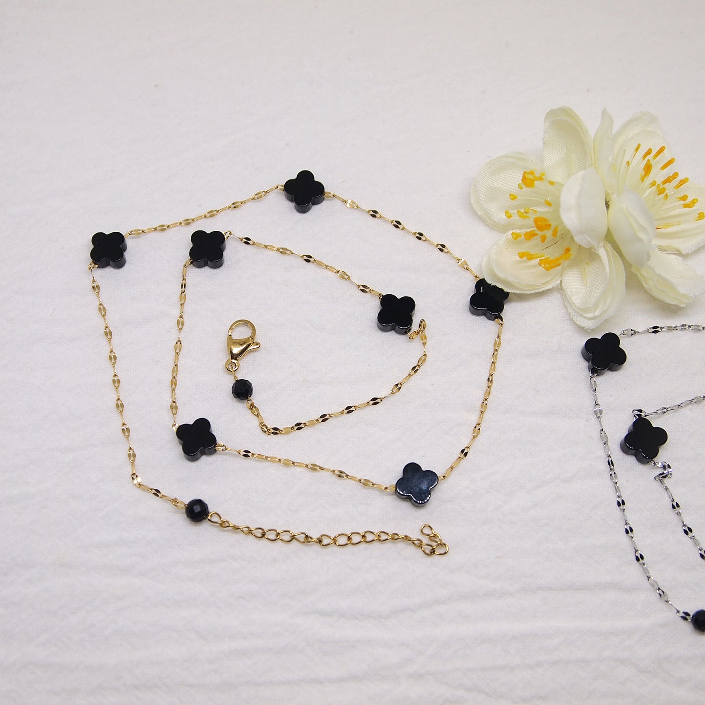 dainty four leaf clover necklace, black agate jewelry