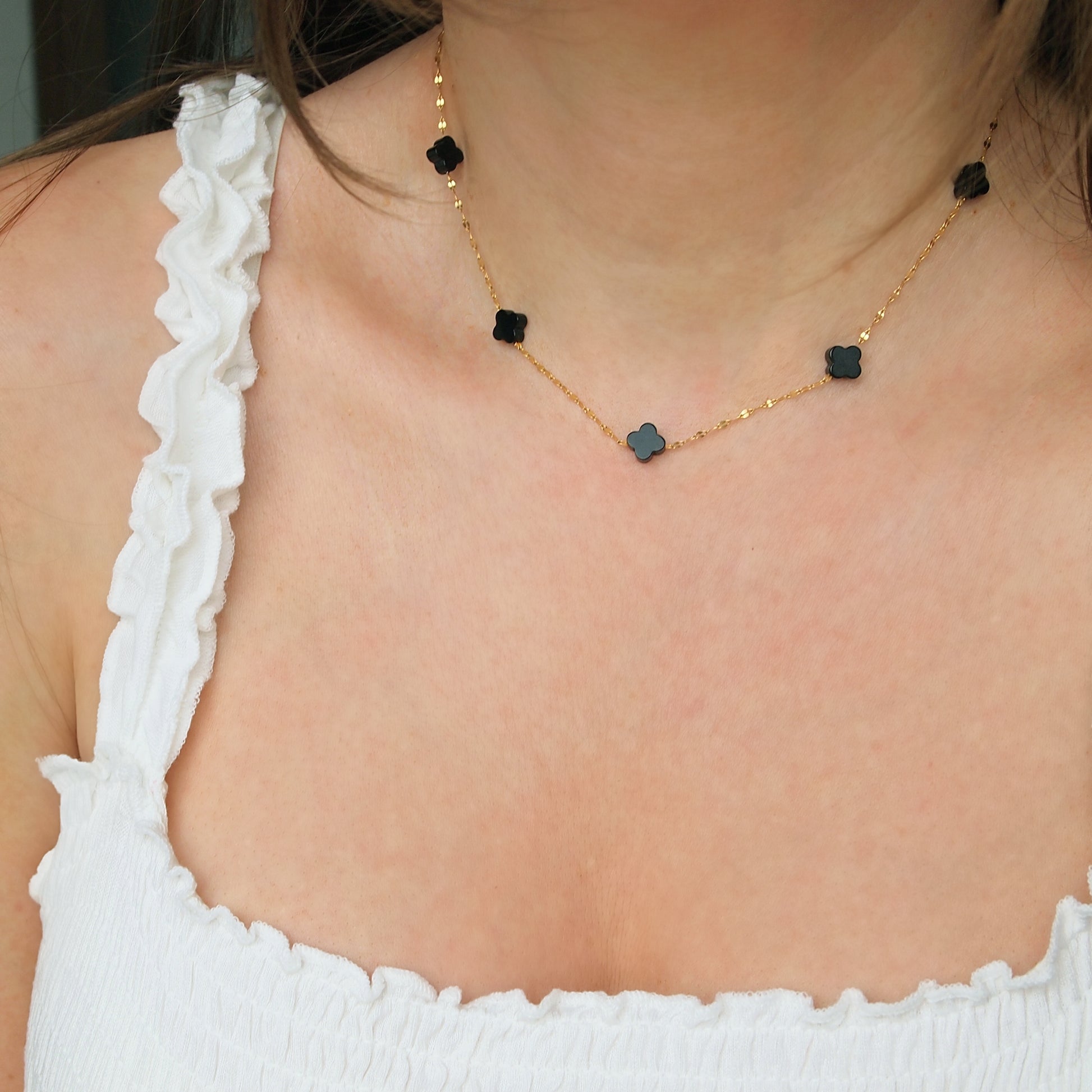 black agate clover necklace, lucky clover choker