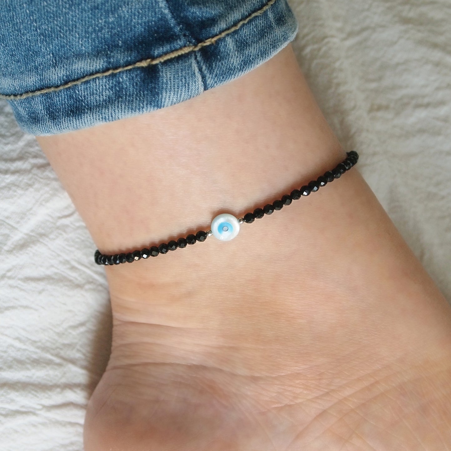black tourmaline protection ankle bracelet, stretch gemstone anklet