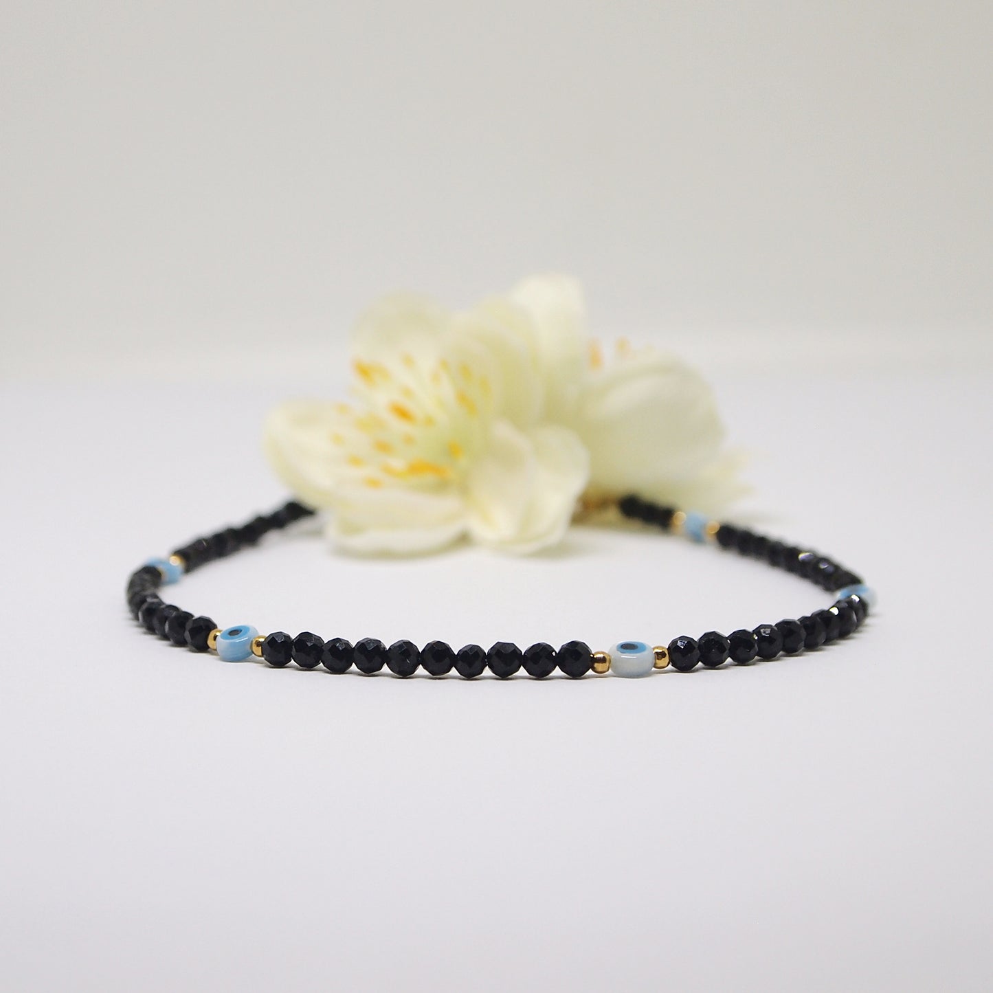 black tourmaline anklet with evil eye beads, protection jewelry