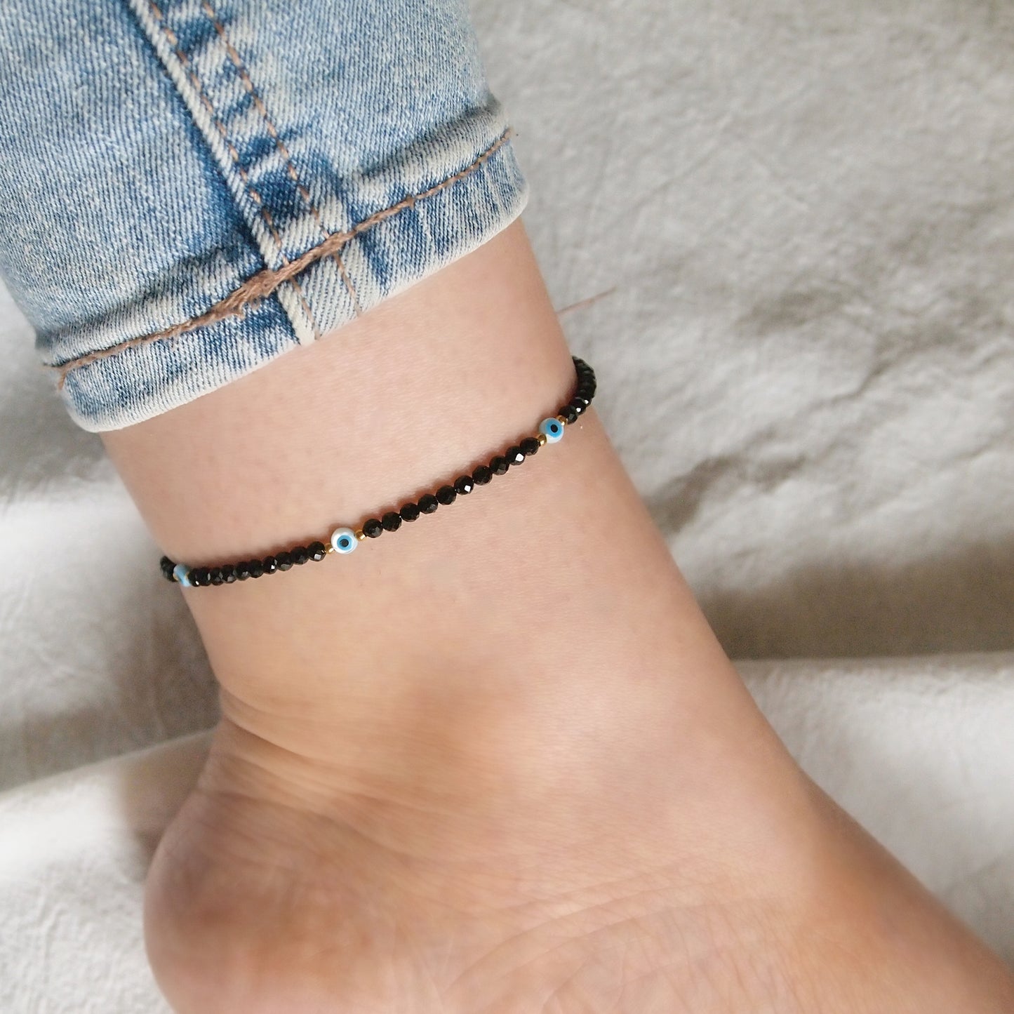 evil eye protection anklet, black tourmaline ankle jewelry