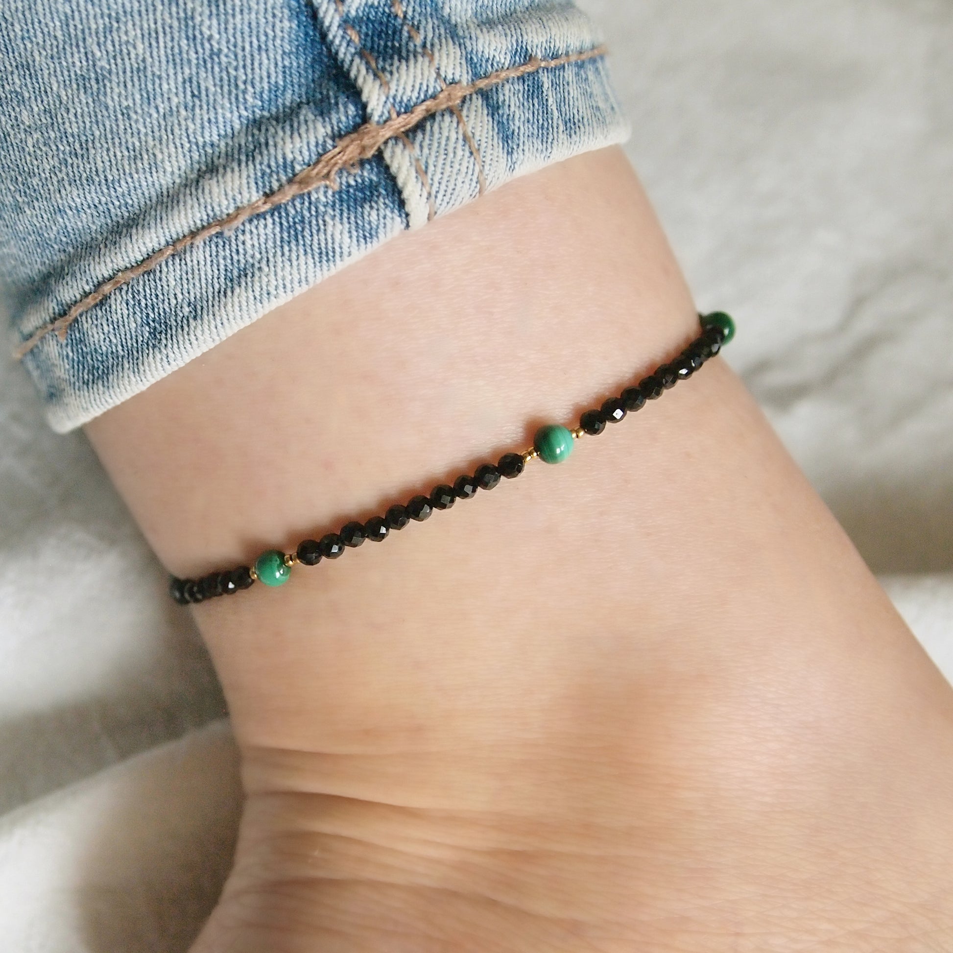 black tourmaline and malachite ankle bracelet, legs jewelry