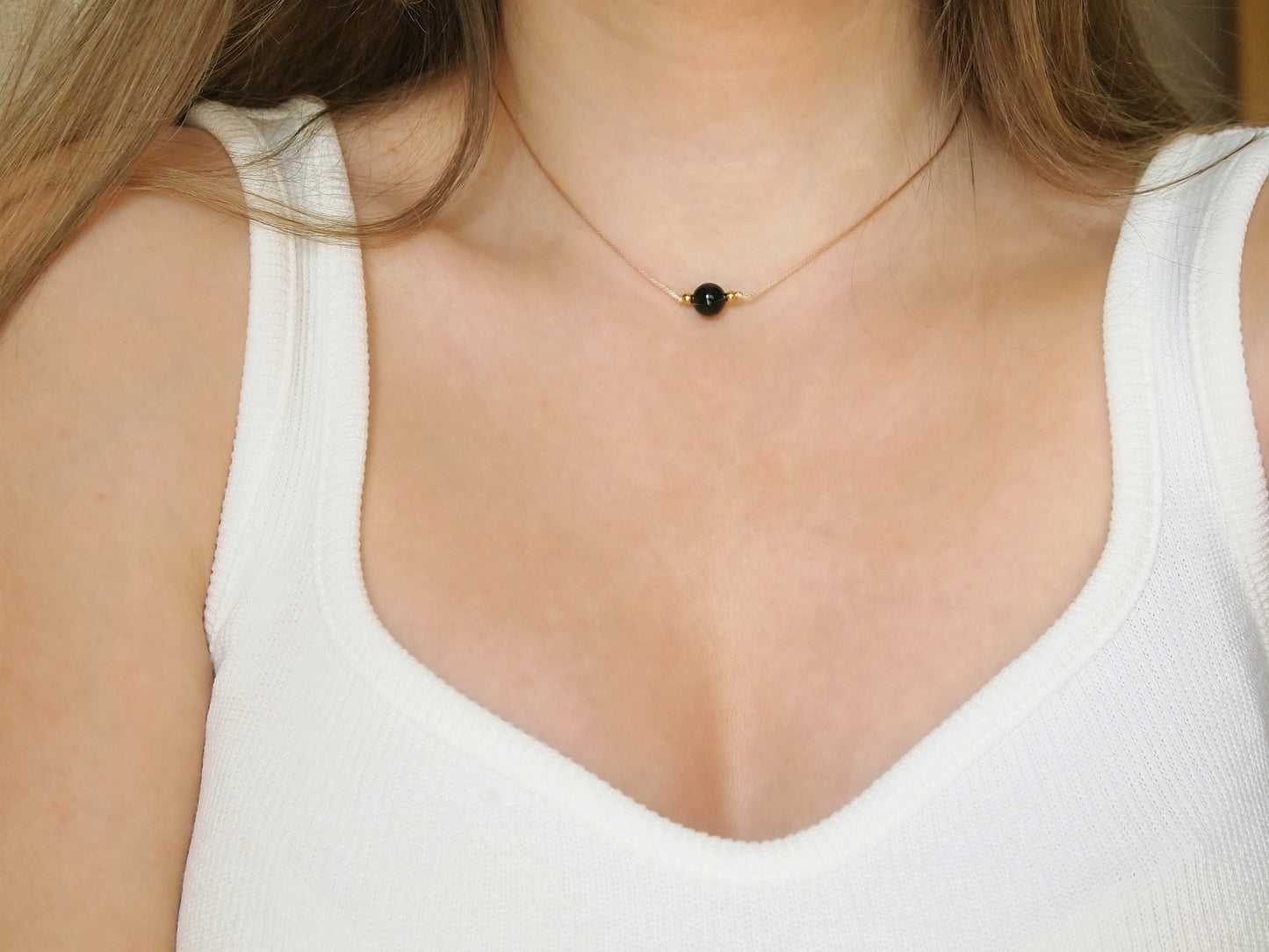 dainty feminine necklace with black tourmaline