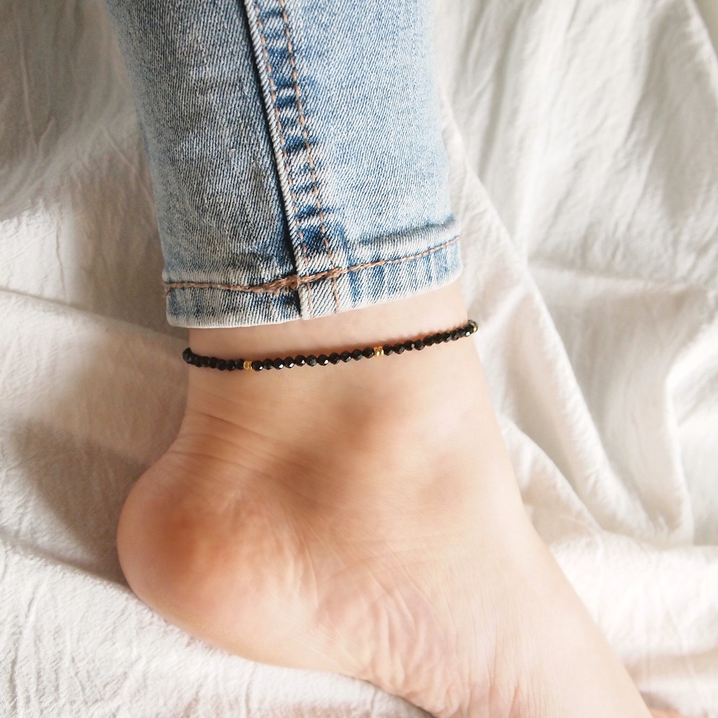 thin black tourmaline anklet, woman ankle bracelet