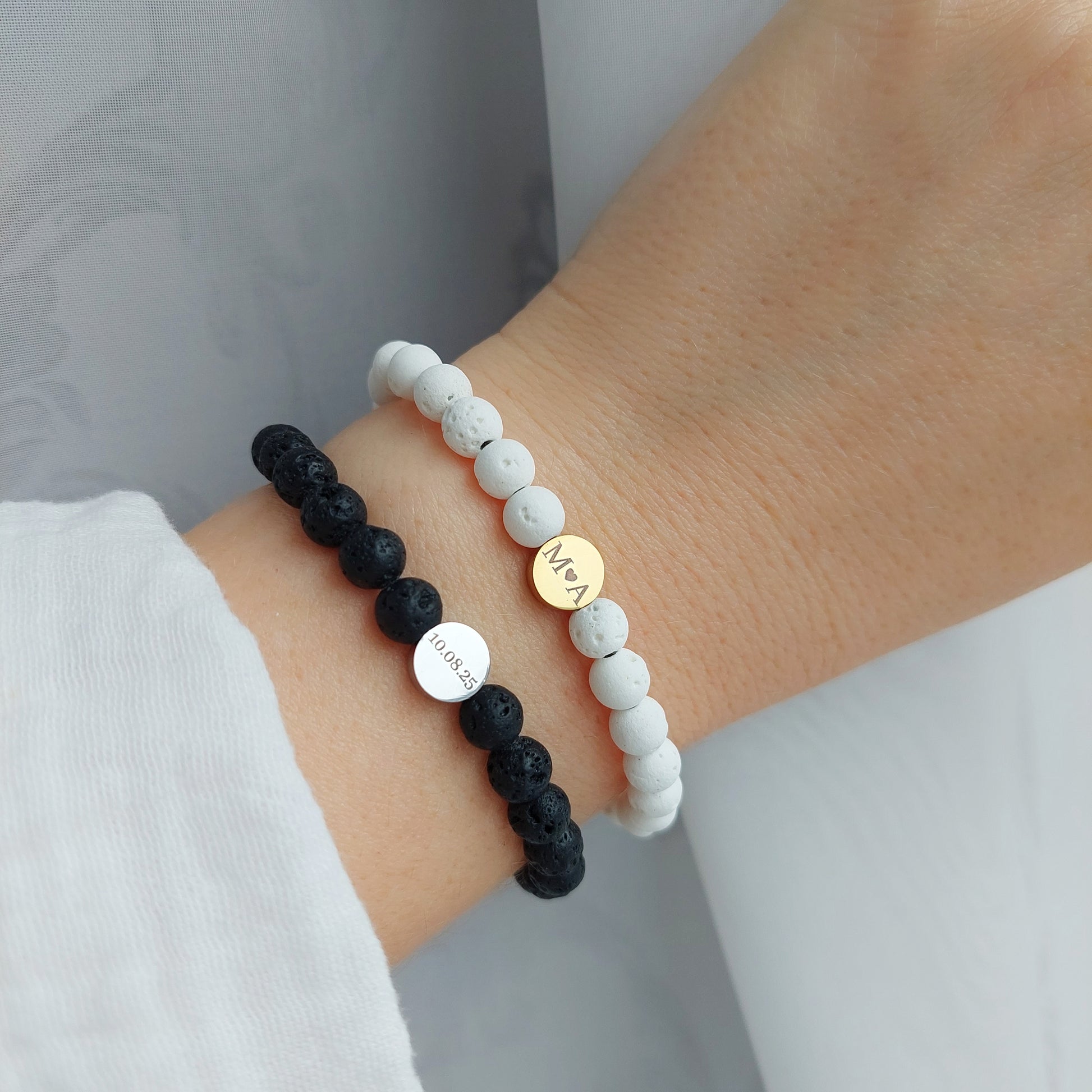 black and white lava set bracelets with custom initial engravind, wedding gift