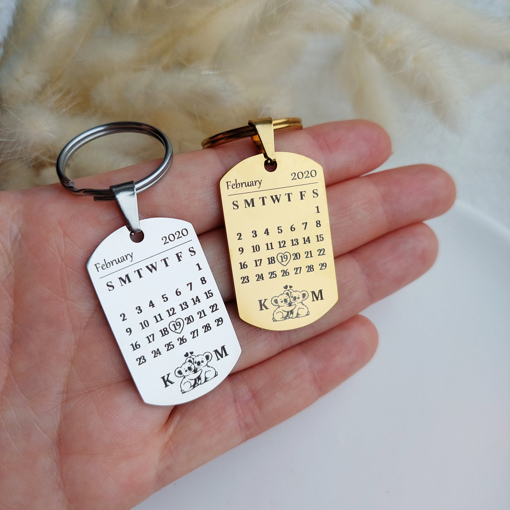 calendar keychain with custom date and personalized with names or personal sayings