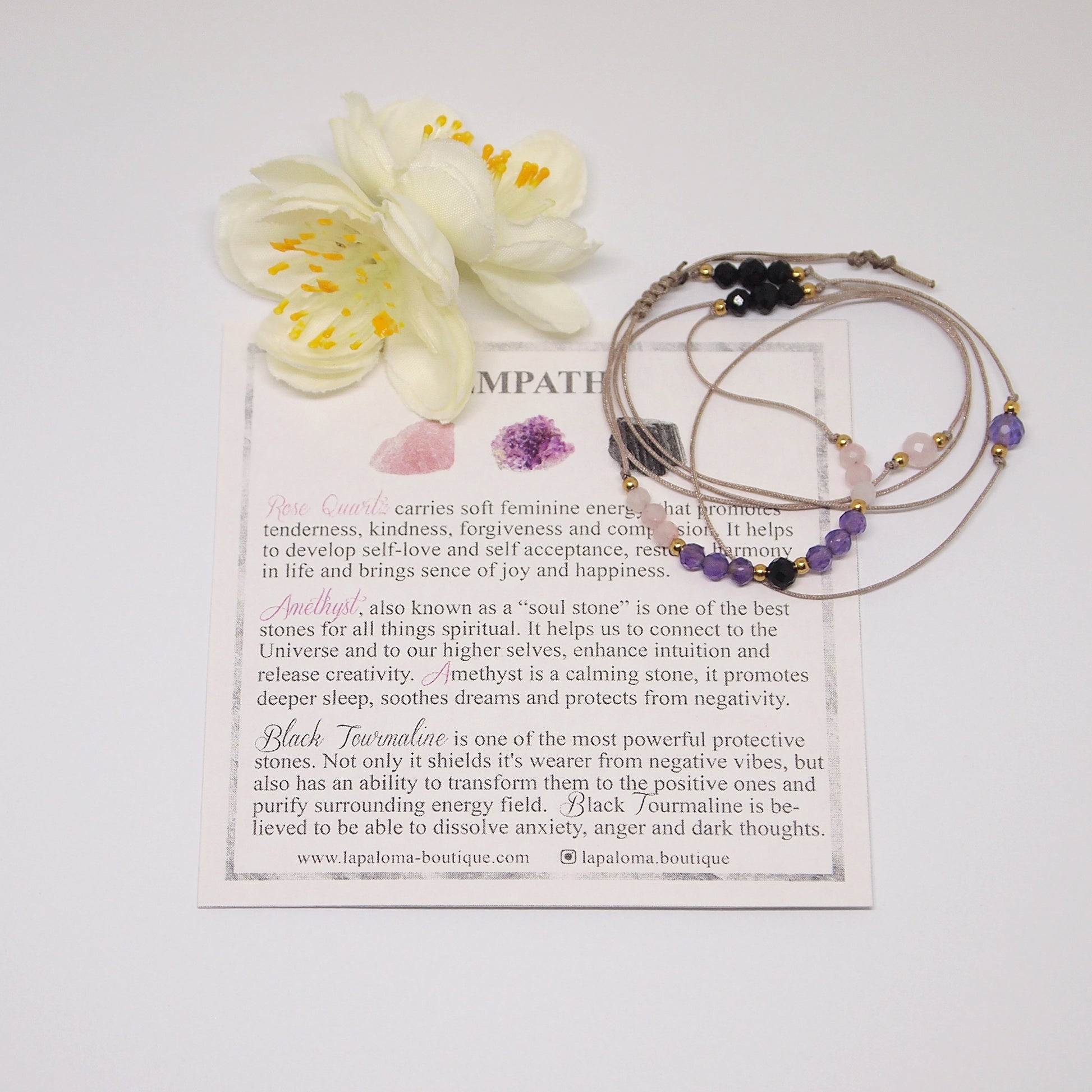 natural gemstone jewelry, rose quartz, amethyst, black tourmaline, empath protection necklace