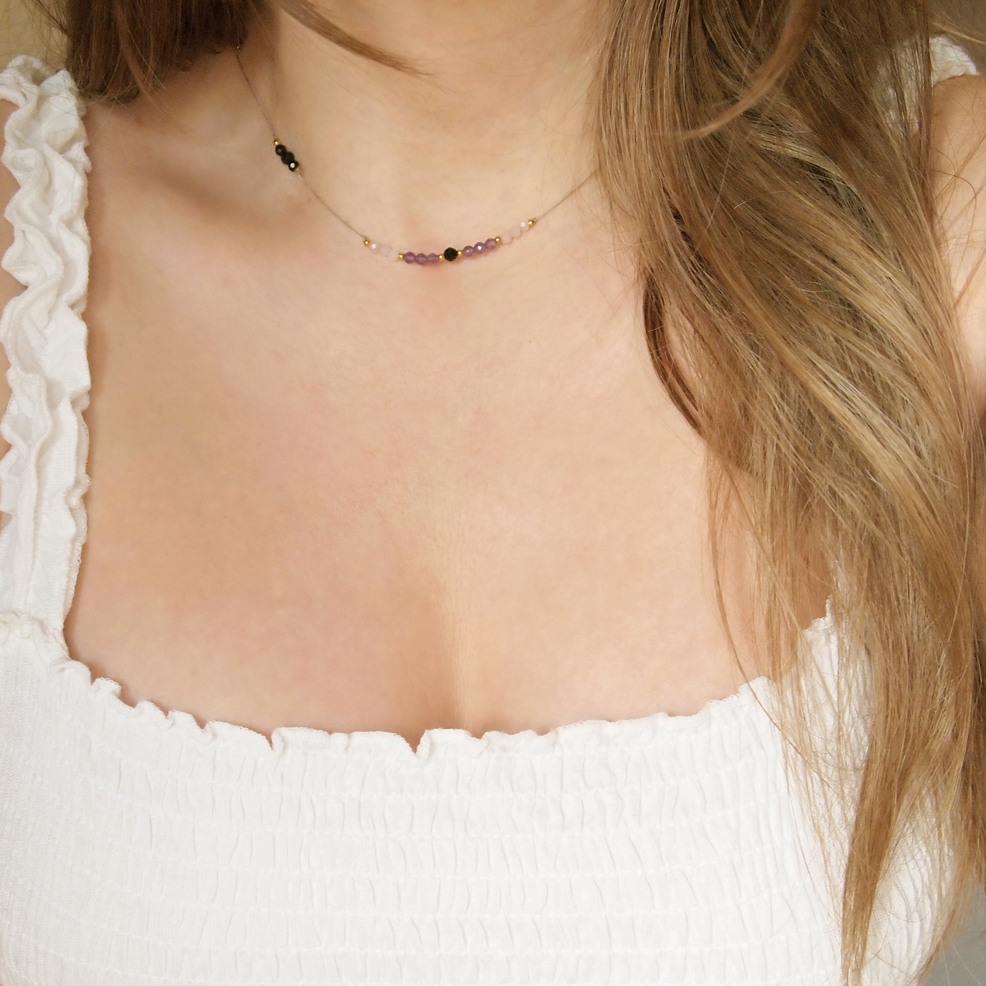 dainty gemstone necklace on cord, amethyst, rose quartz and black tourmaline