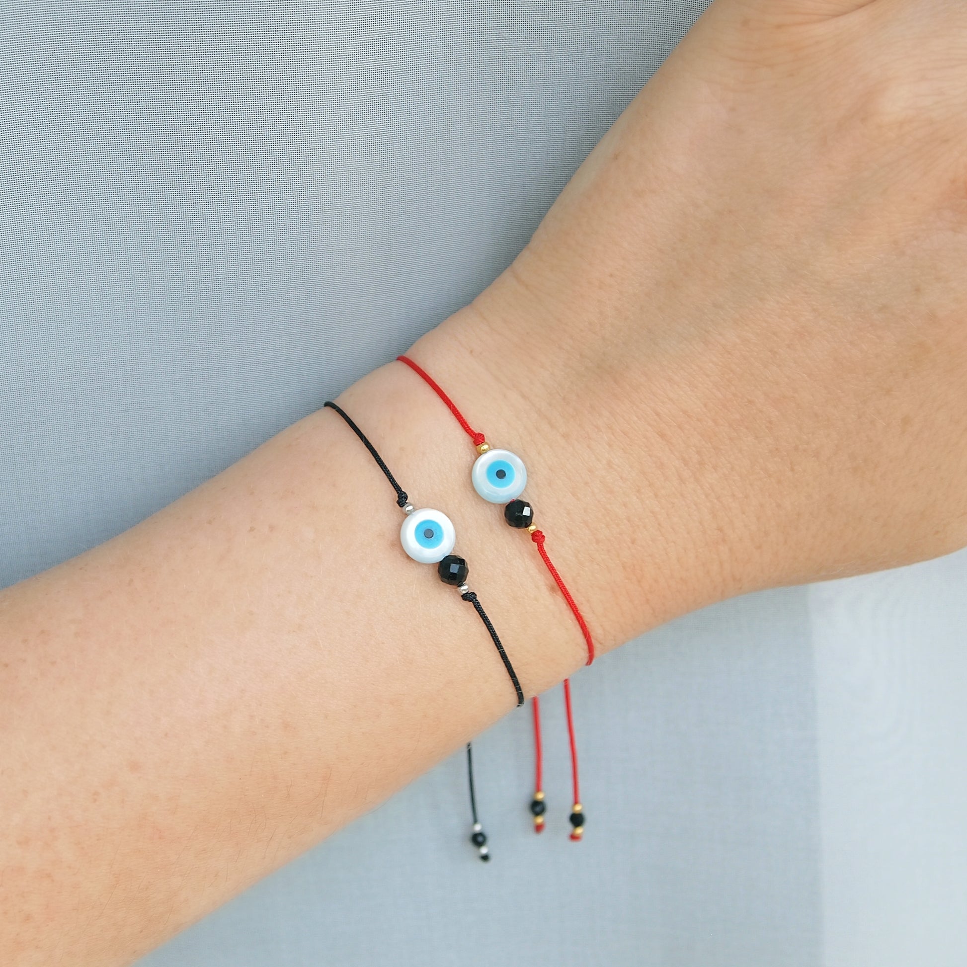 evil eye and black tourmaline cord bracelet, red string bracelet