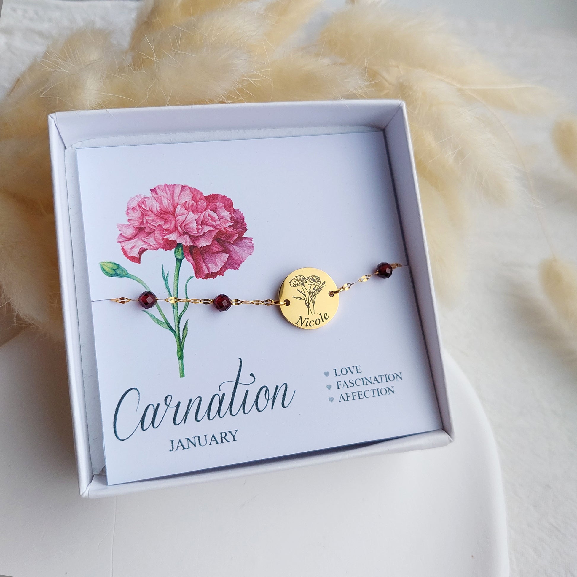 janaury birthsone and birth flower bracelet with custom engraved name or initial