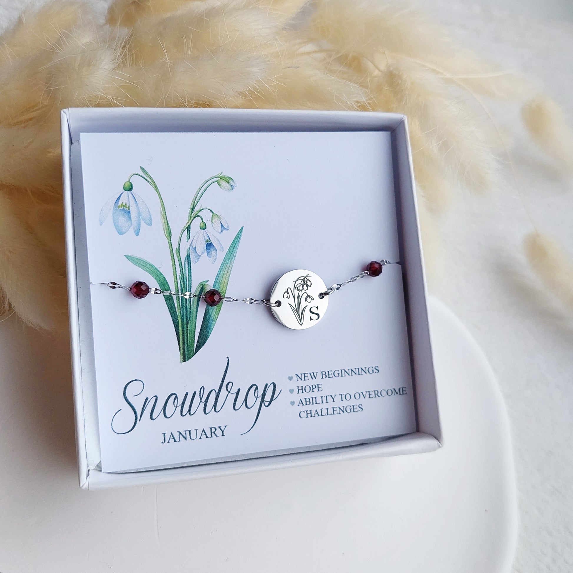 personalized january bracelet with birth flowers and name or initial