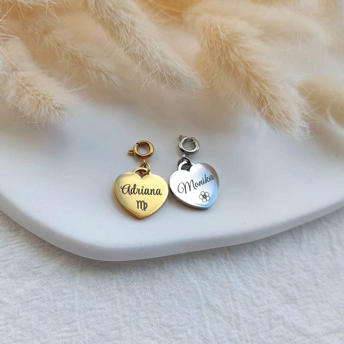 custom engraved stainless steel heart shaped charm in gold and silver colors