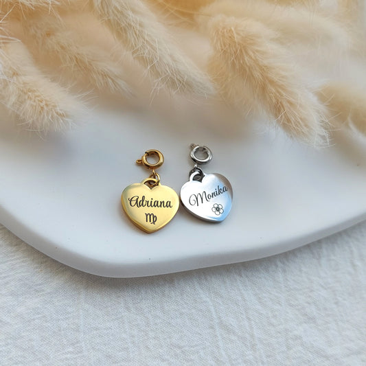 custom engraved stainless steel heart shaped charm in gold and silver colors