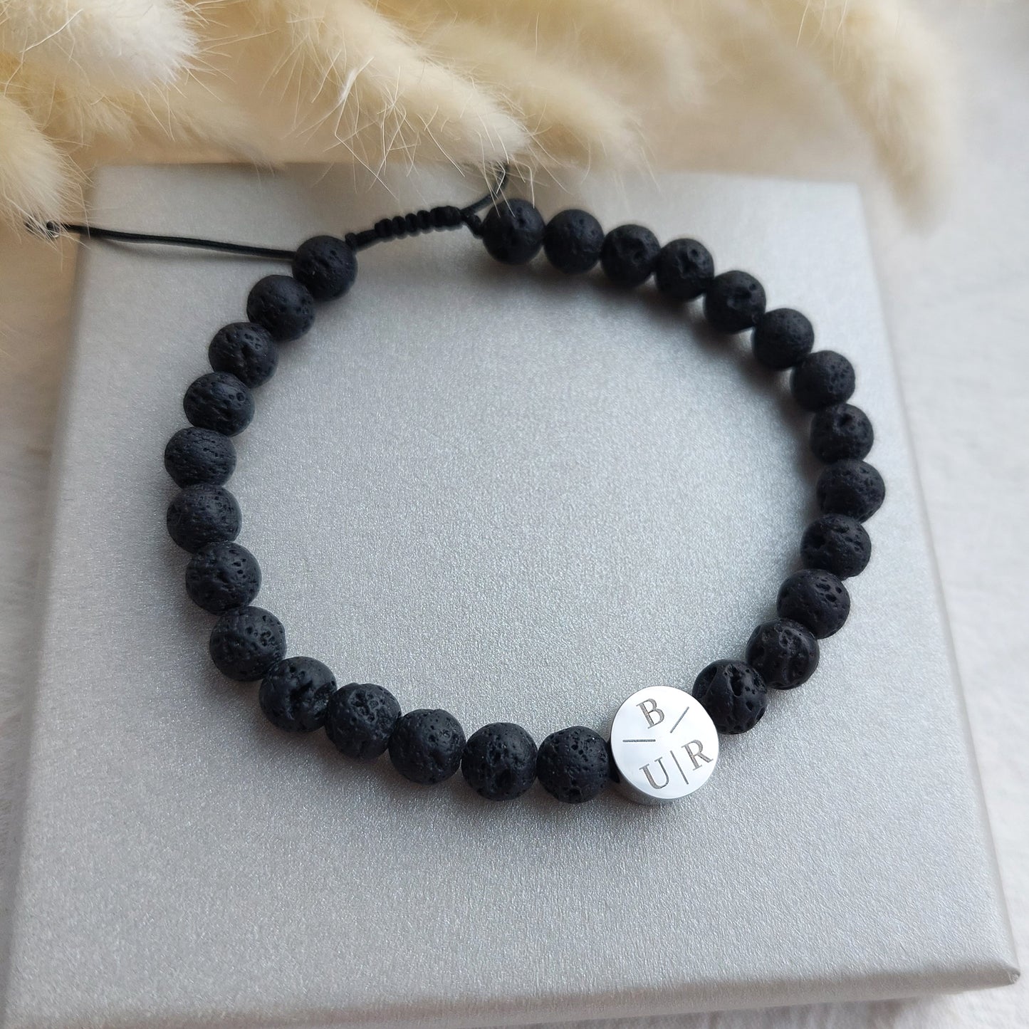 natural lava stone bracelet for dad, custom engraved with kids initials